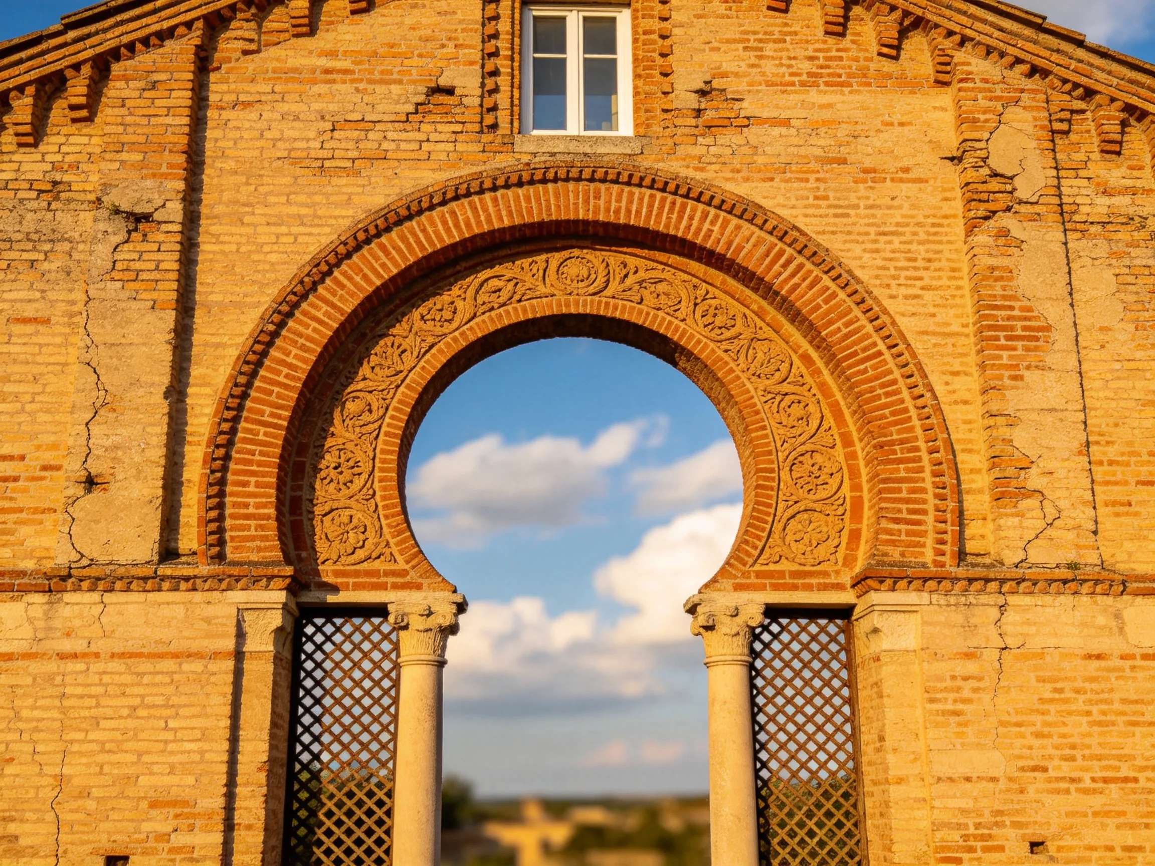An ancient brick archway with intricate decorative carvings