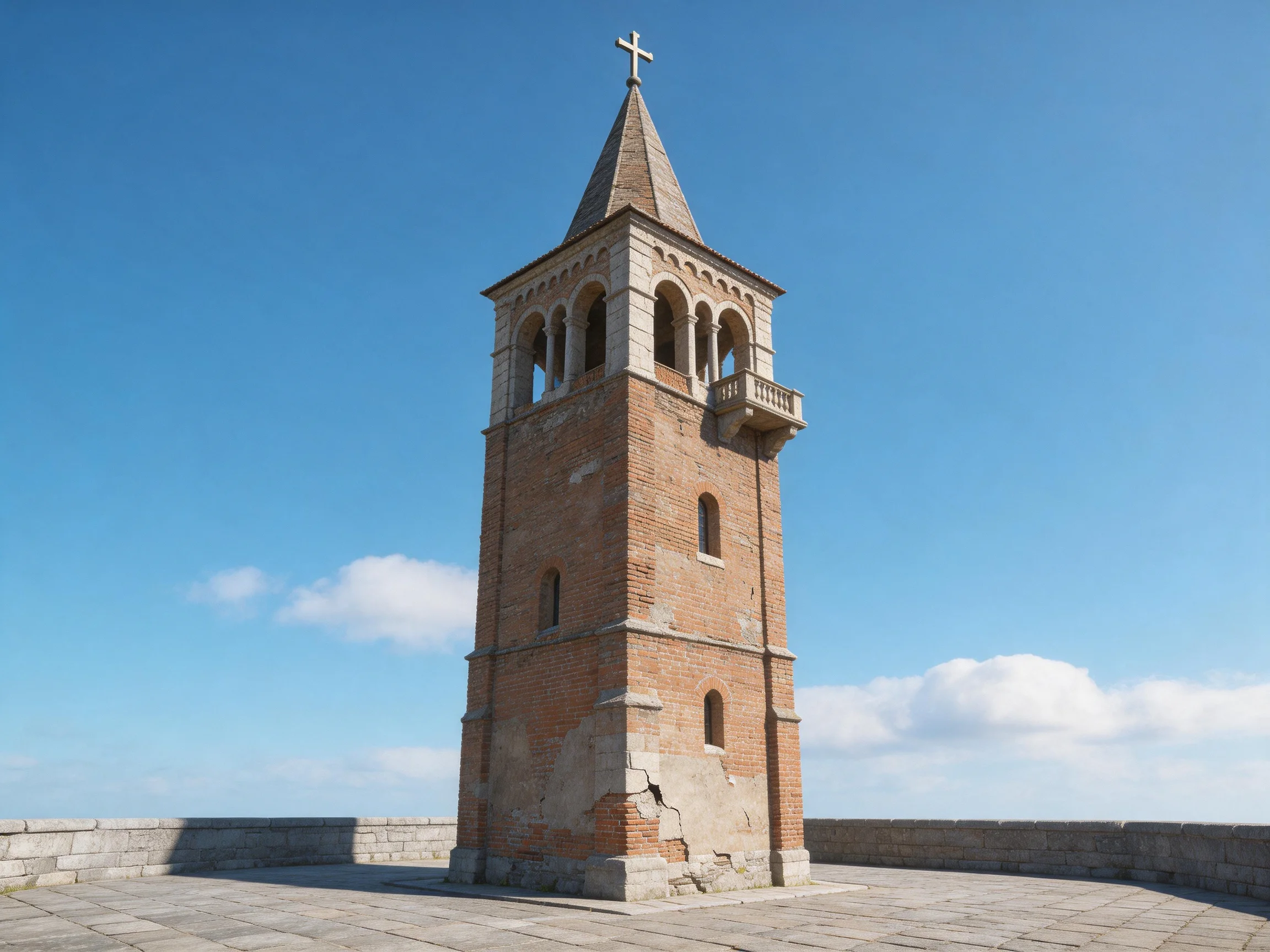 An ancient brick bell tower stands against a clear blue sky