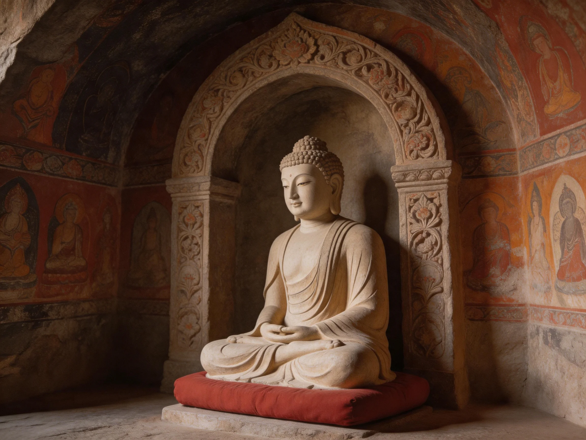 An ancient cave temple with a seated stone Buddha statue and colorful wall art