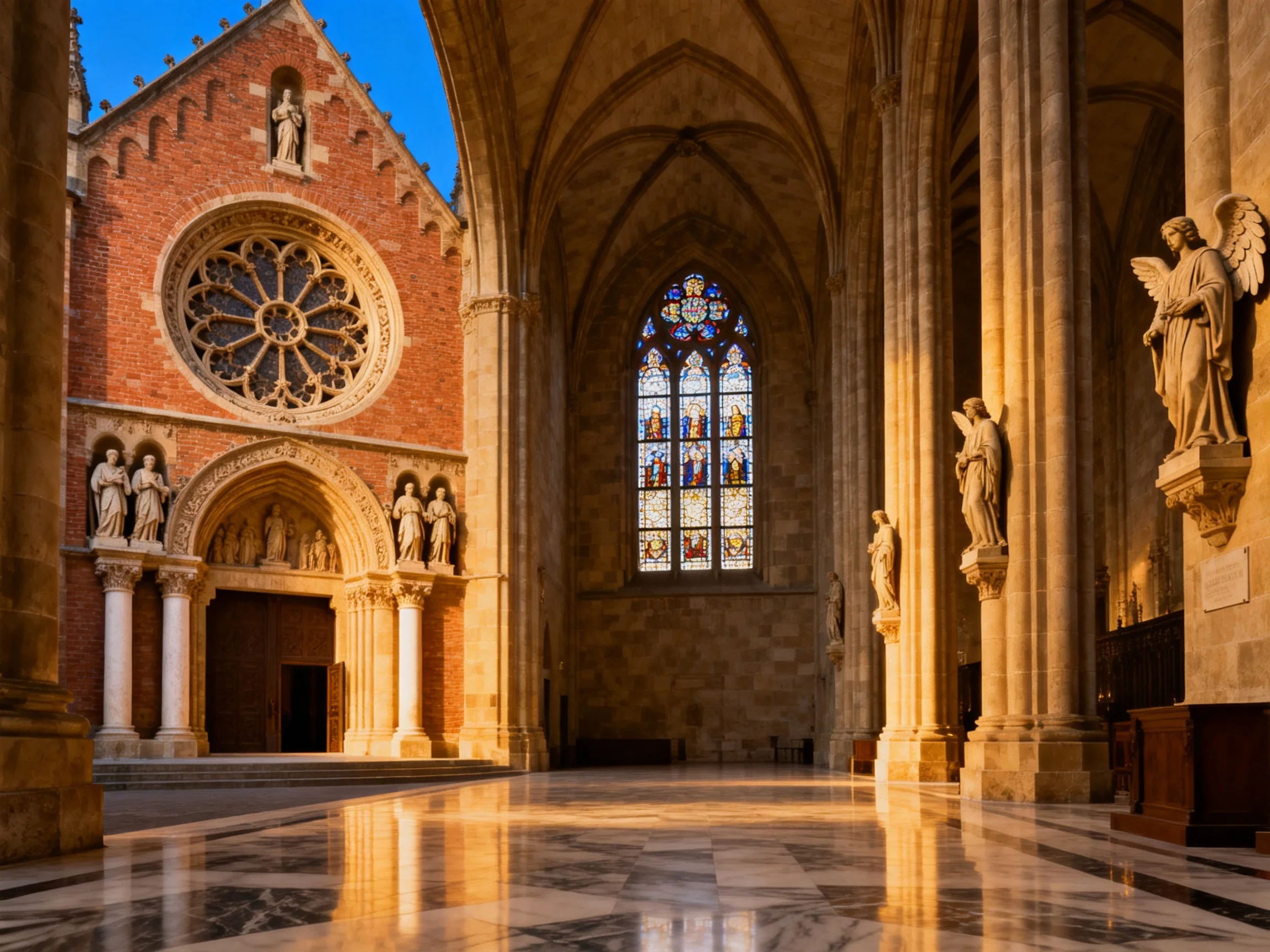 An ancient church interior with brick facade, stained glass, and stone columns
