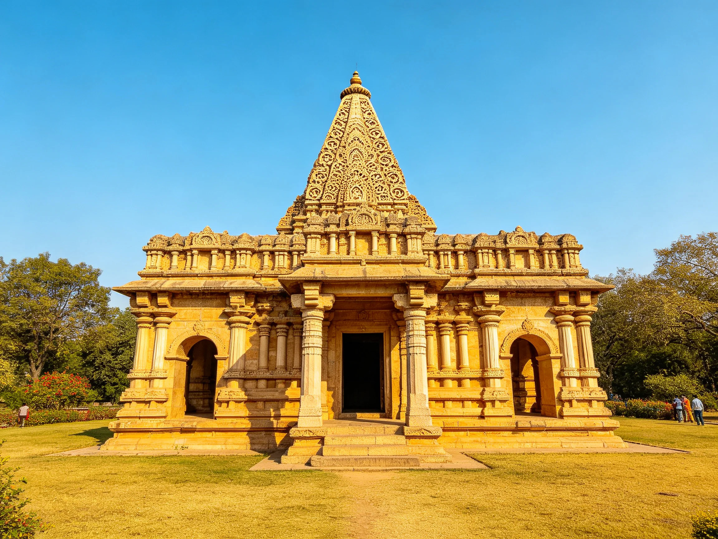 An ancient golden temple with elaborate carvings stands alone