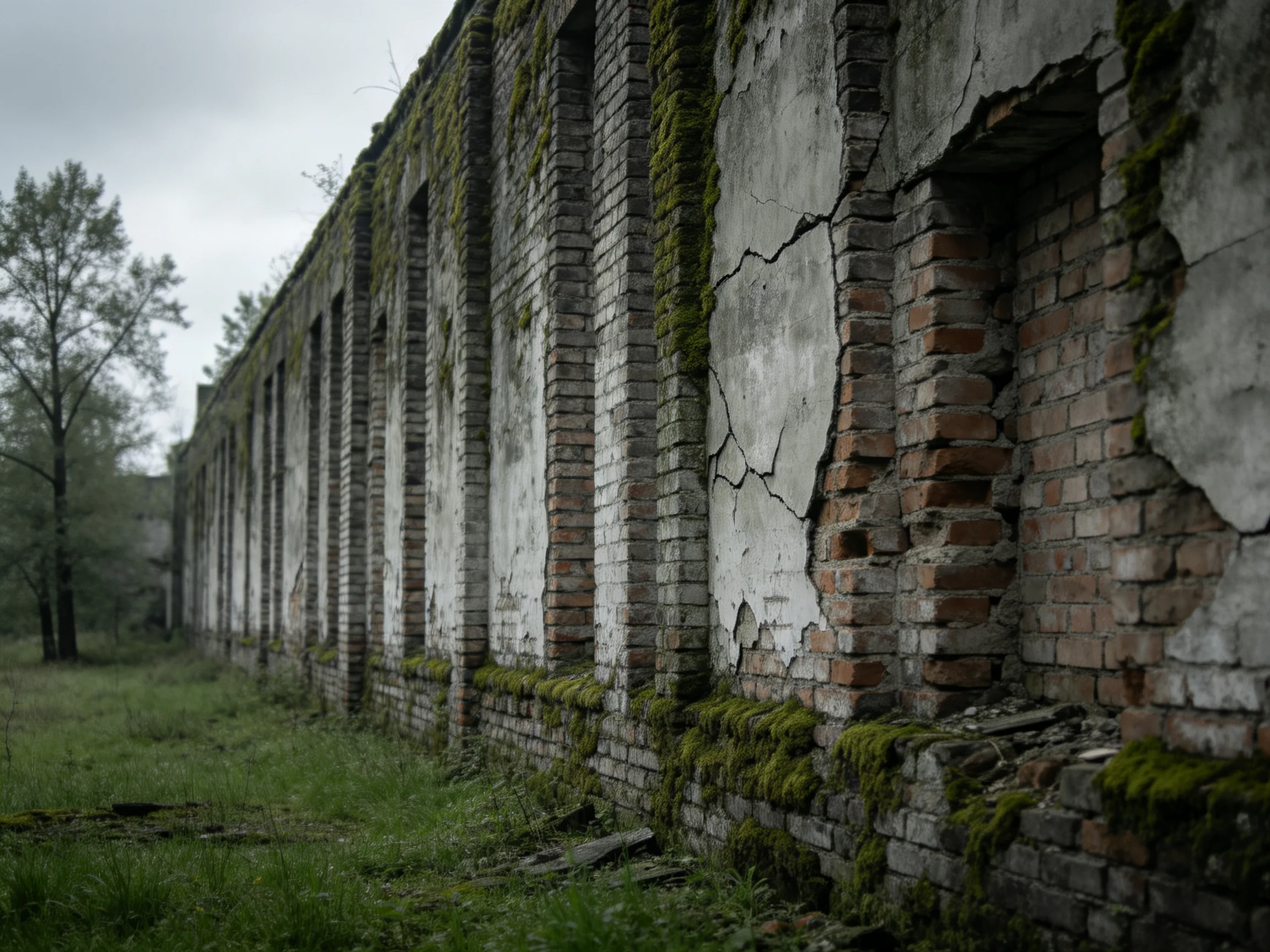 An ancient, moss-draped brick structure in a neglected landscape