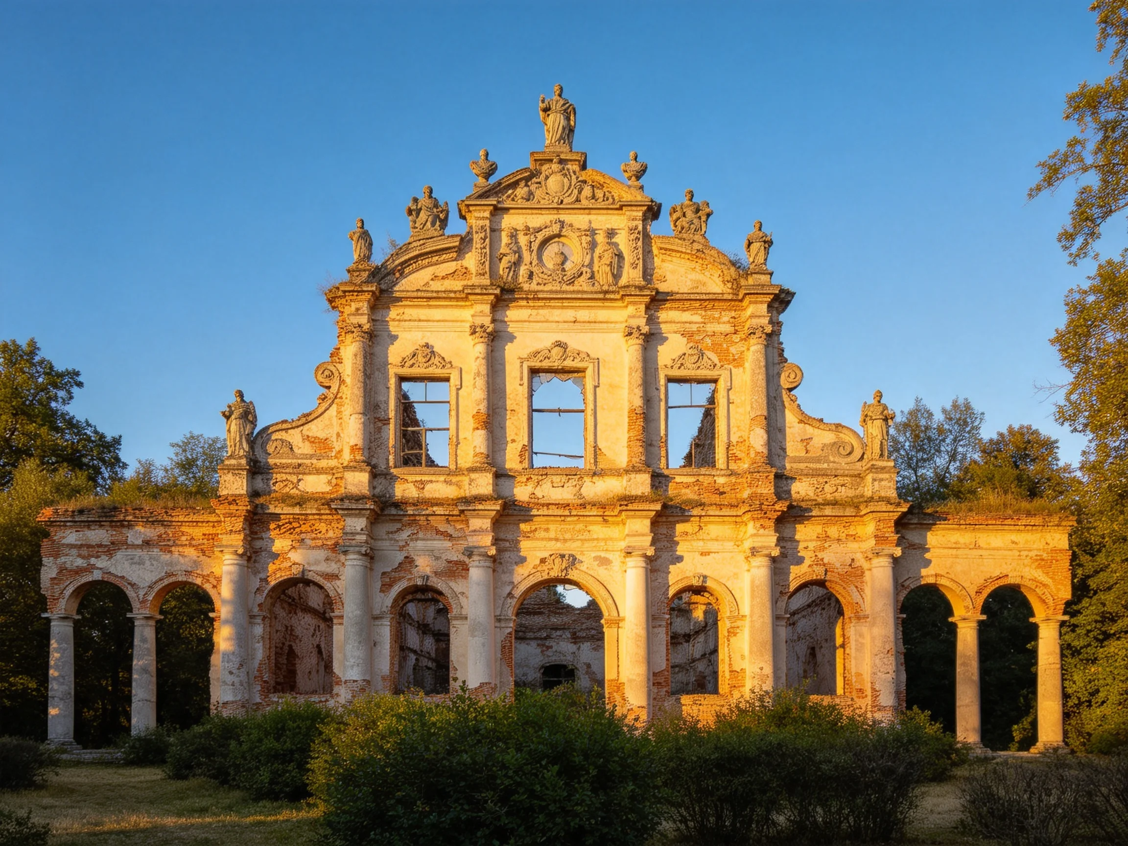 An ancient, ornate ruined structure illuminated by golden sunlight