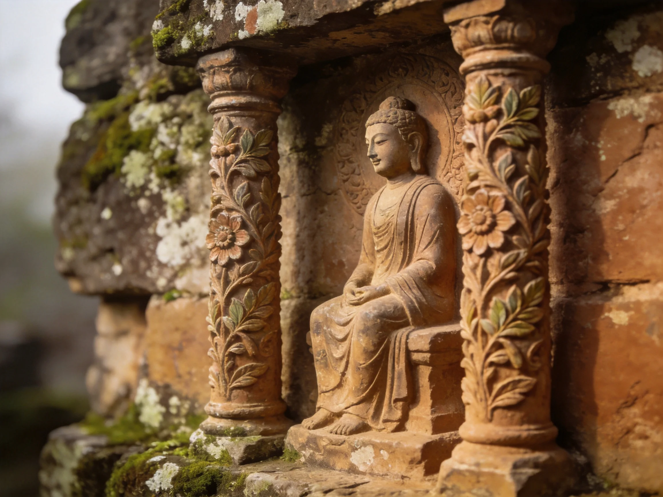 An ancient stone Buddha niche with floral-decorated columns