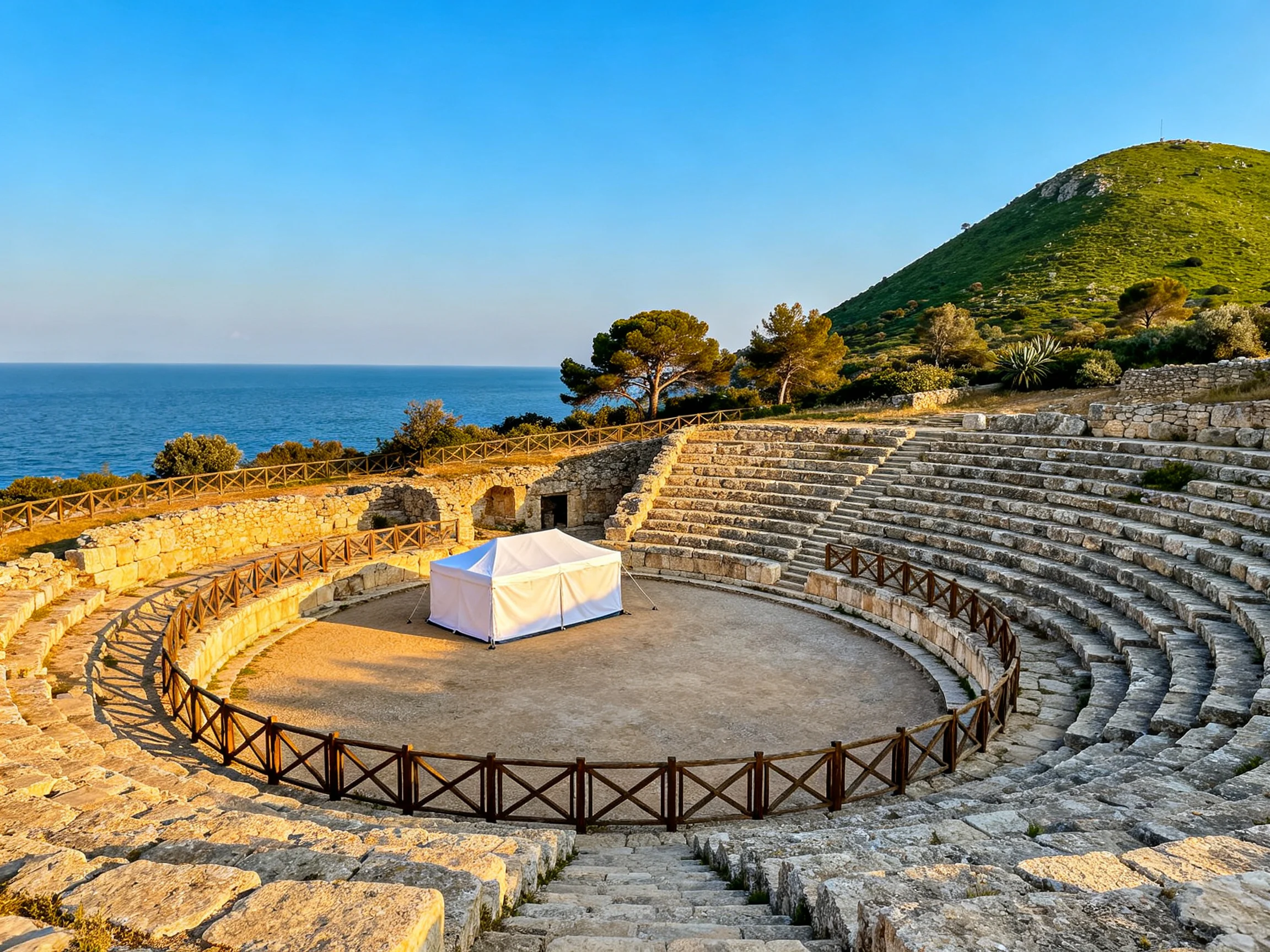 An ancient stone amphitheater overlooks the blue sea with a green hill nearby