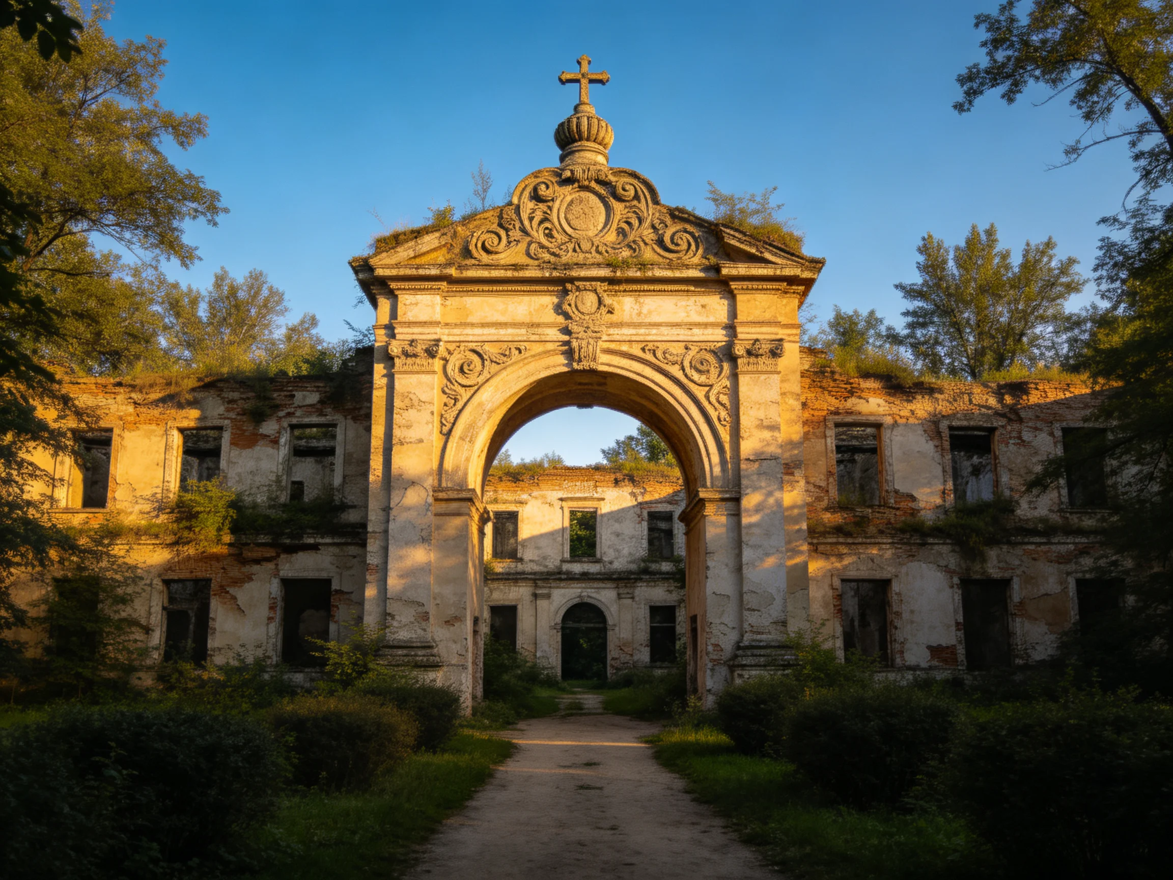 An ancient stone archway of a ruined historical building bathed in golden sunlight