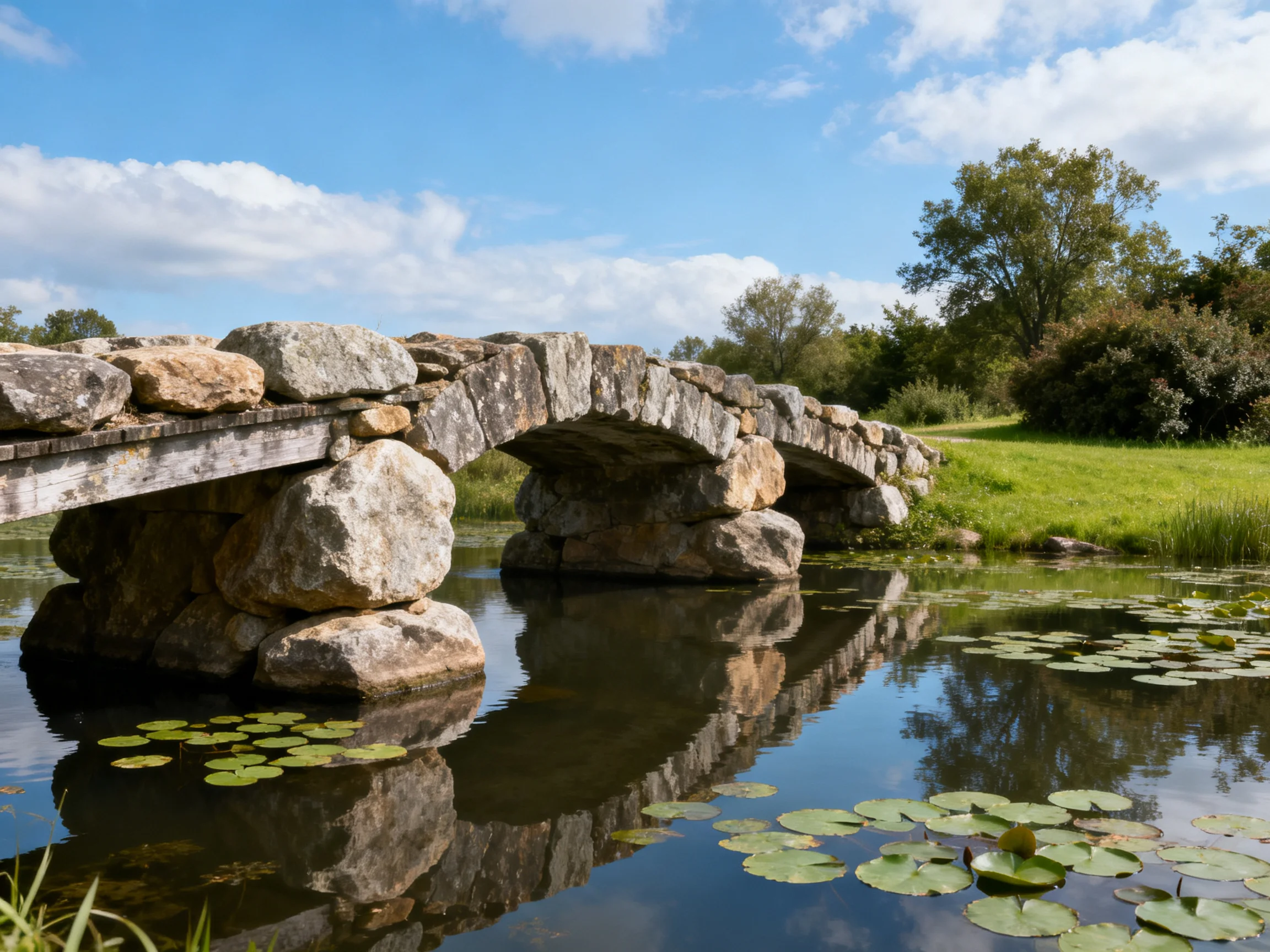 An ancient stone bridge spans a calm pond with lily pads
