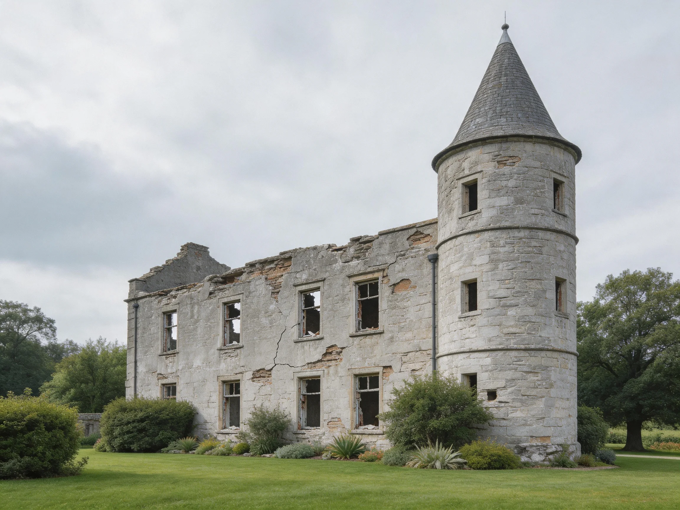 An ancient stone castle ruin with a conical tower surrounded by greenery