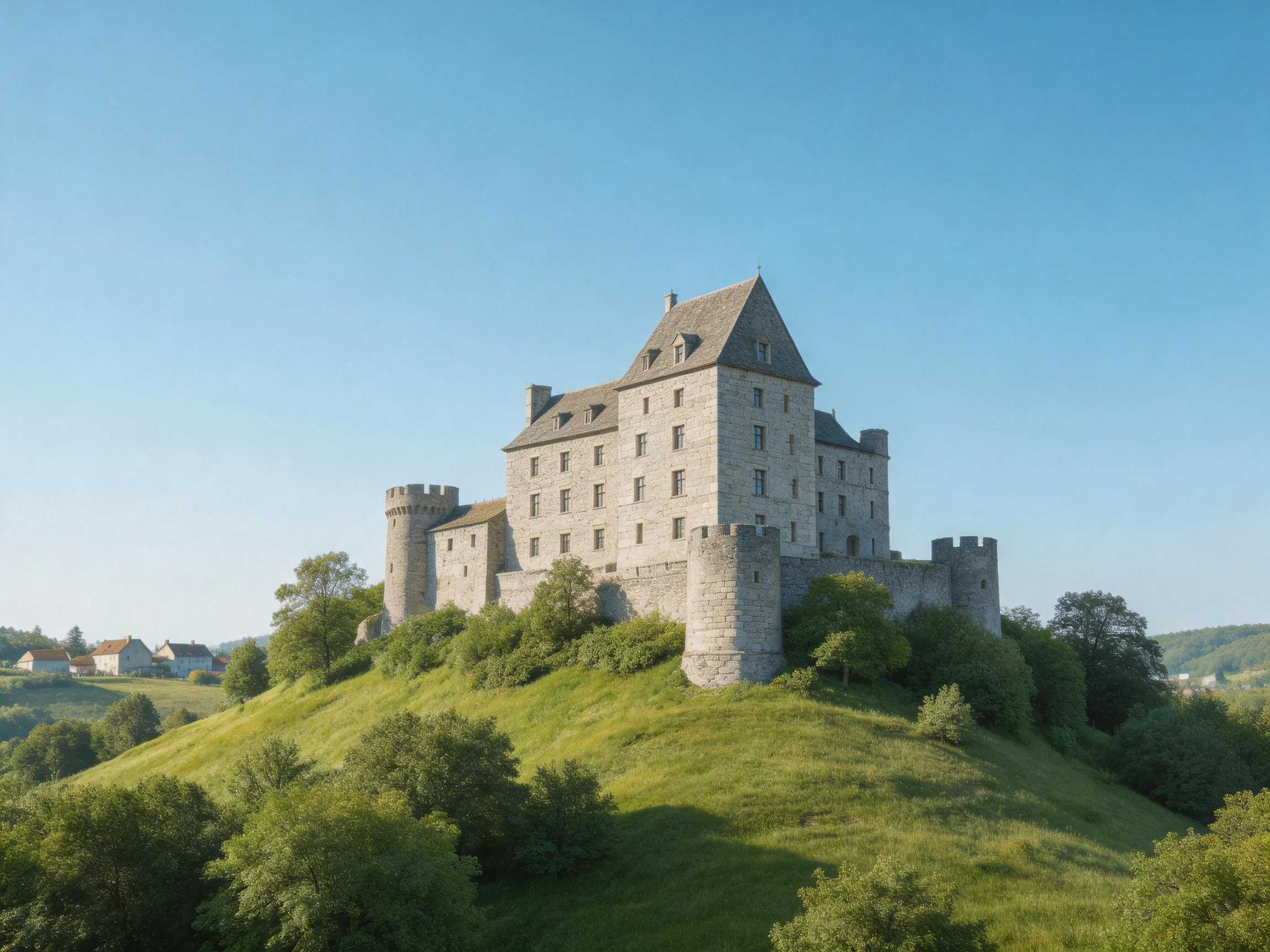 An ancient stone castle stands atop a lush green hill under clear blue sky