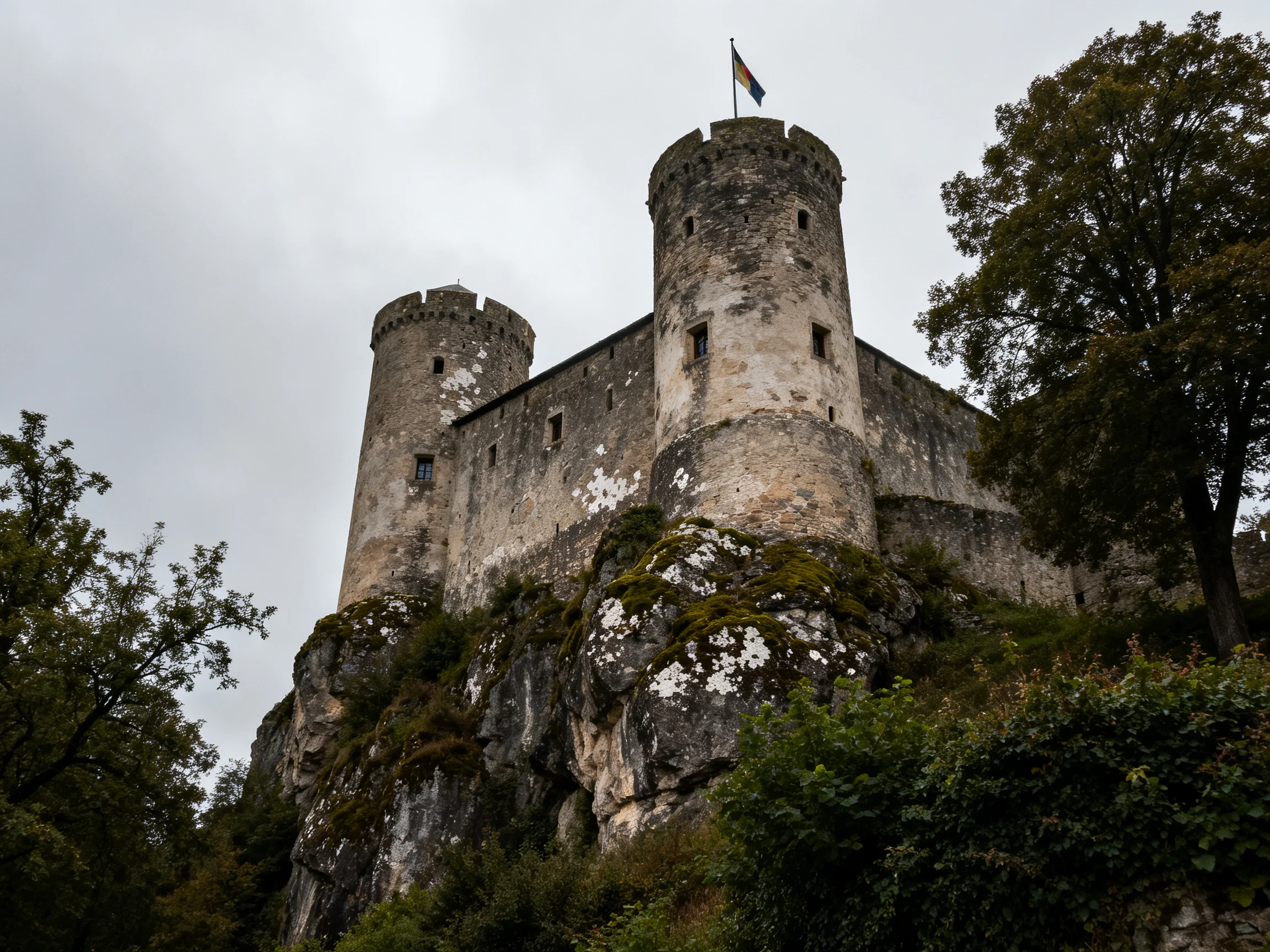 An ancient stone castle with two towers atop a moss-covered rocky cliff