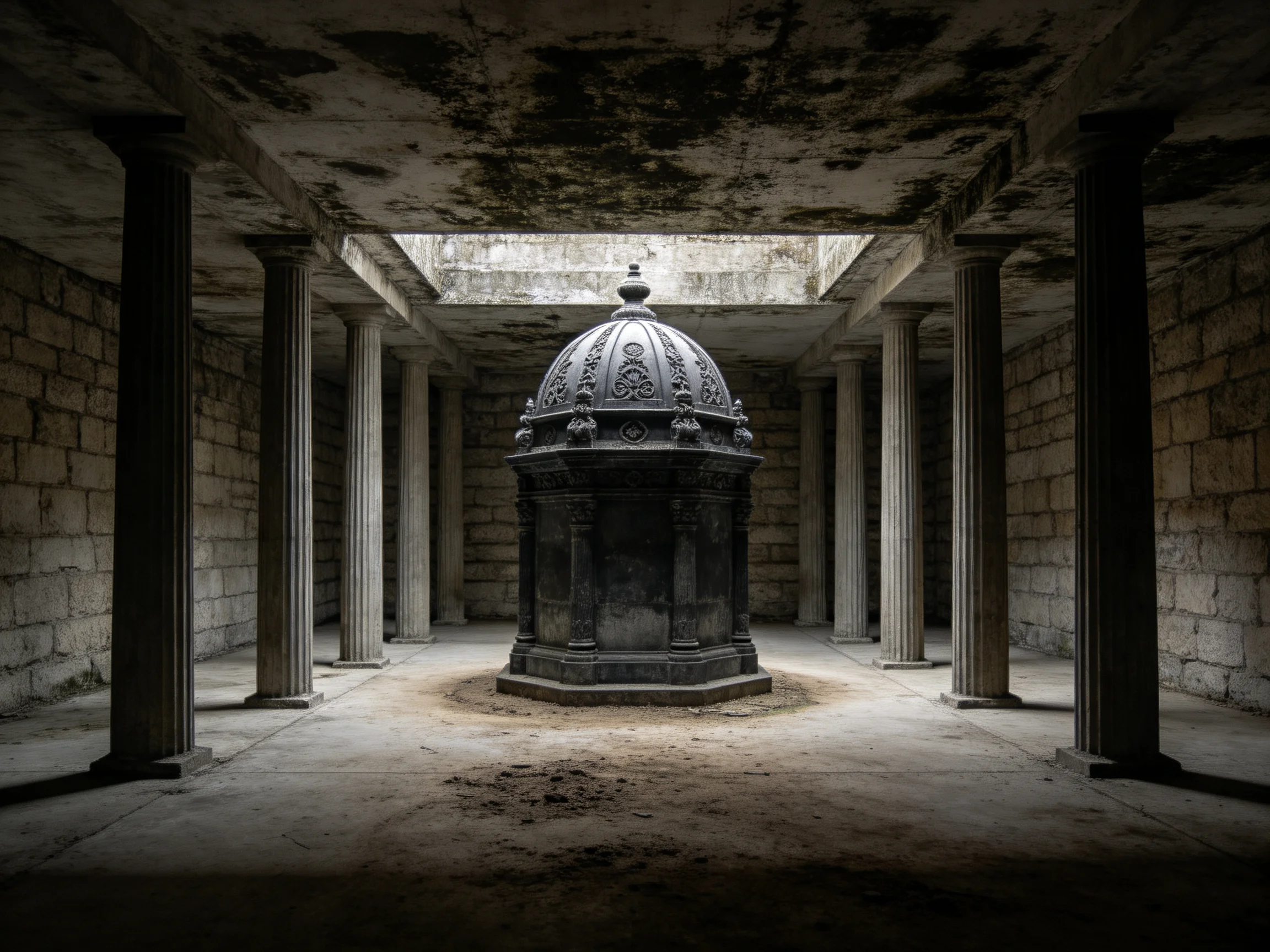 An ancient stone chamber with tall columns and a central ornate monument