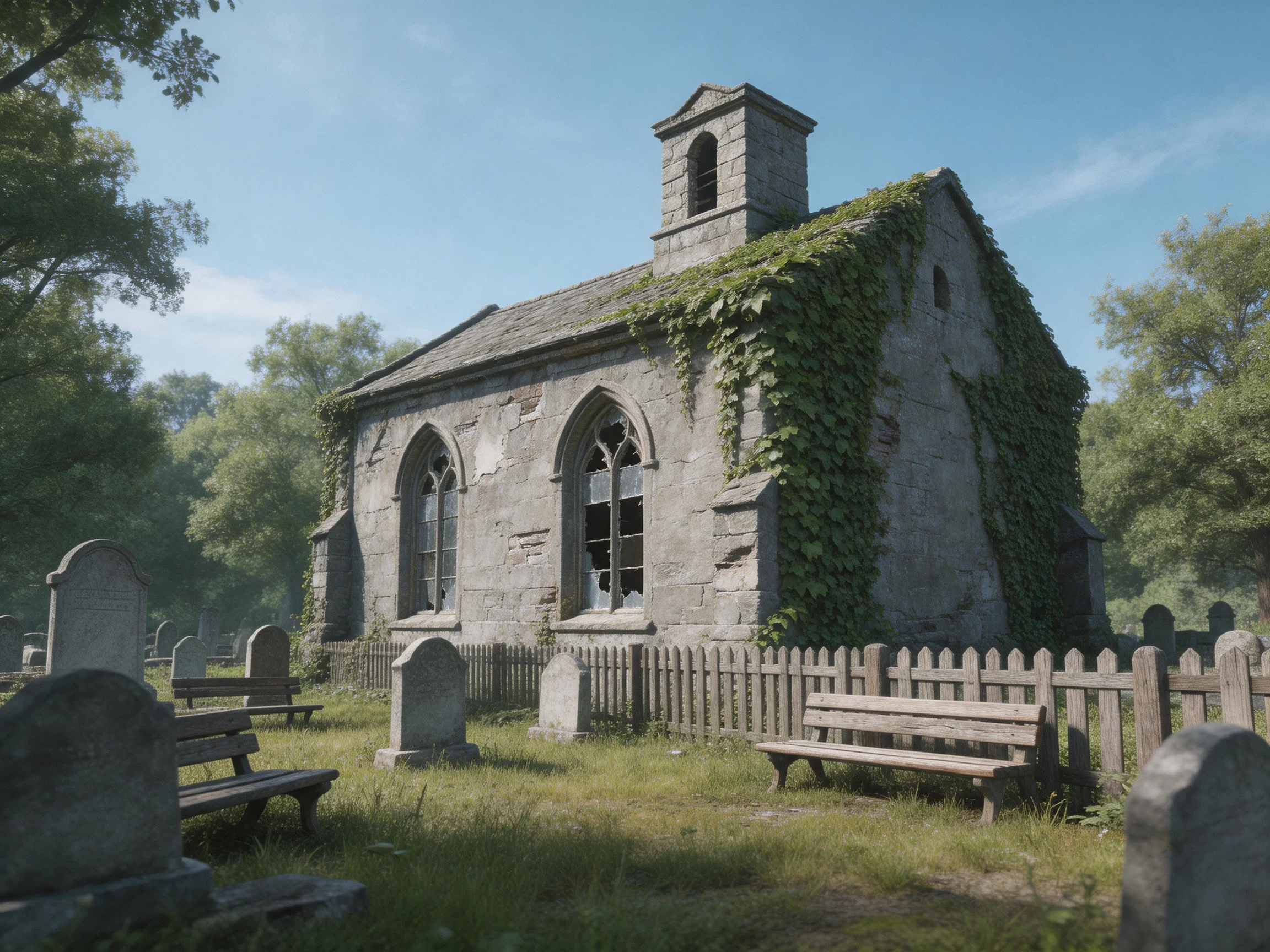 An ancient stone chapel overgrown with ivy near a cemetery
