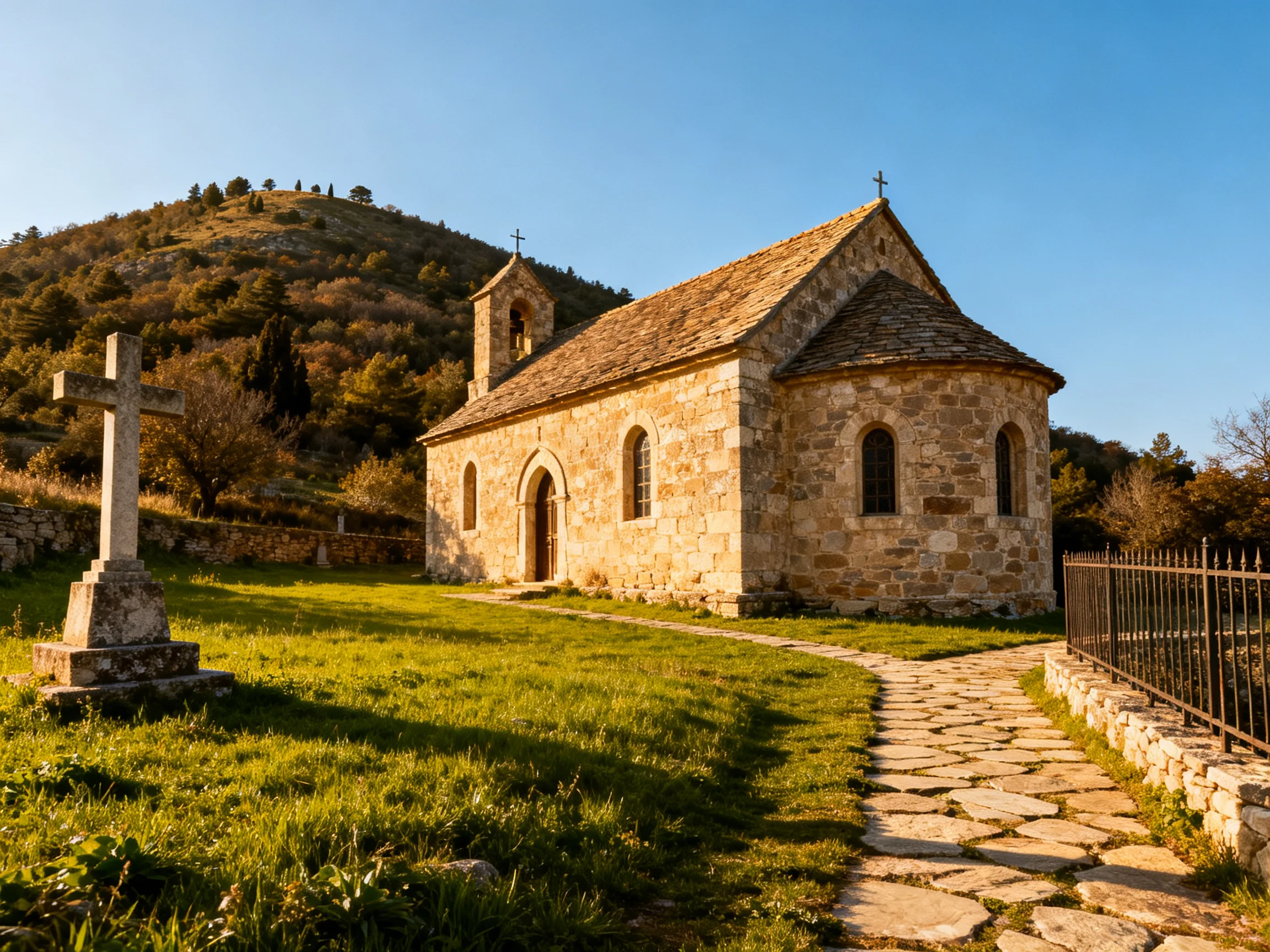 An ancient stone chapel with green meadow and brown hillside