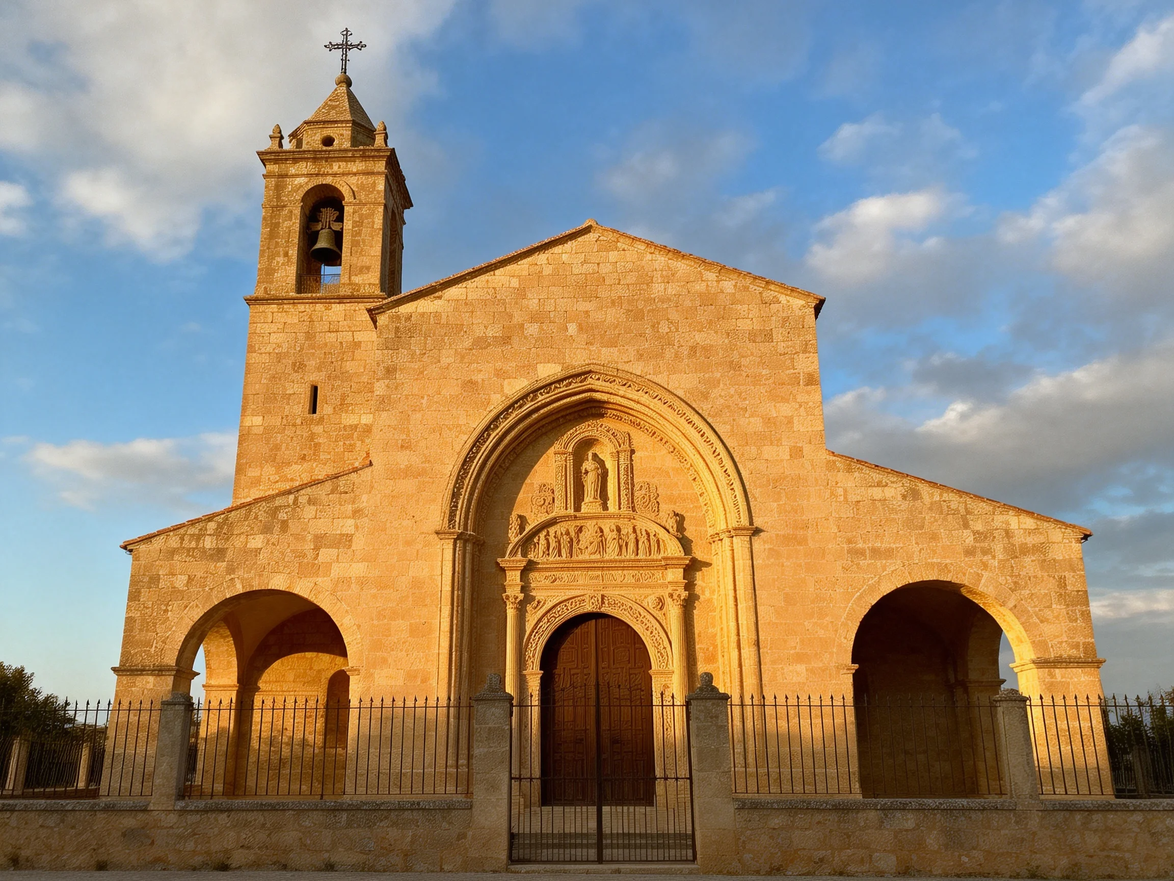 An ancient stone church bathed in golden sunlight with a tall bell tower