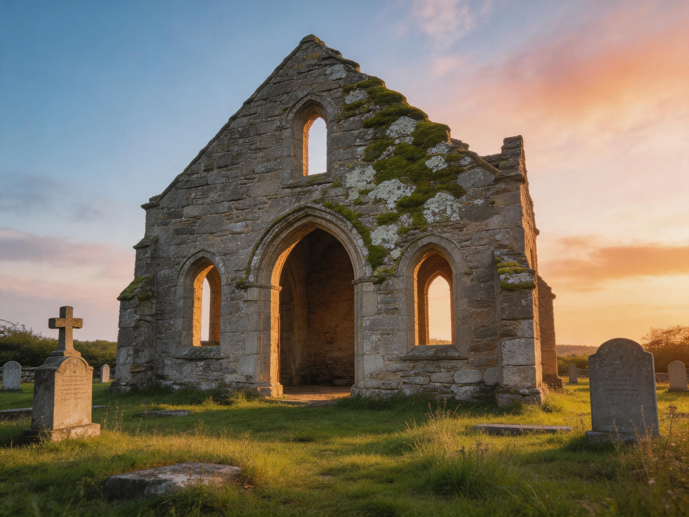 An ancient stone church ruin with moss in a sunlit graveyard