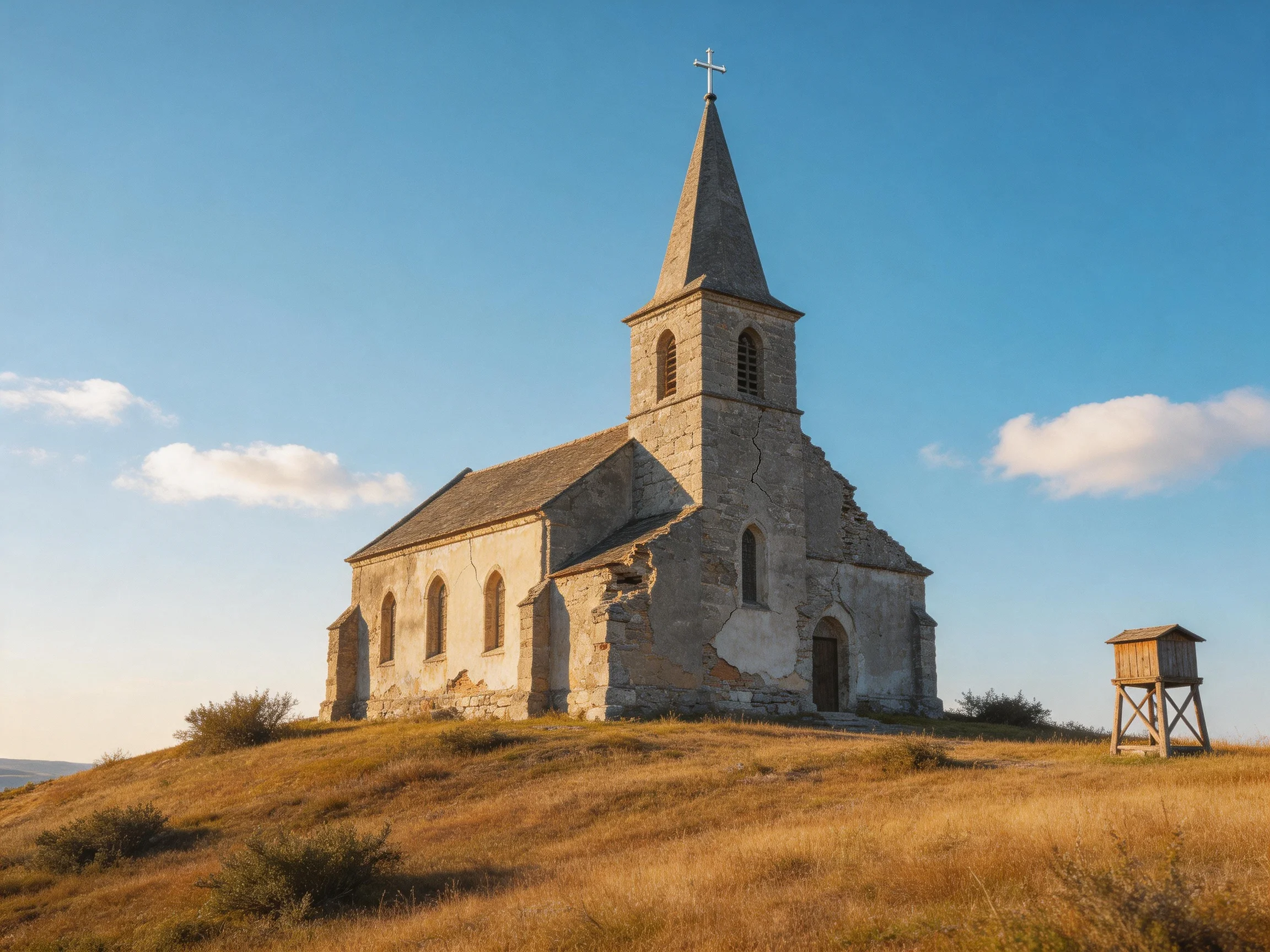 An ancient stone church sits atop a golden hill under clear blue skies