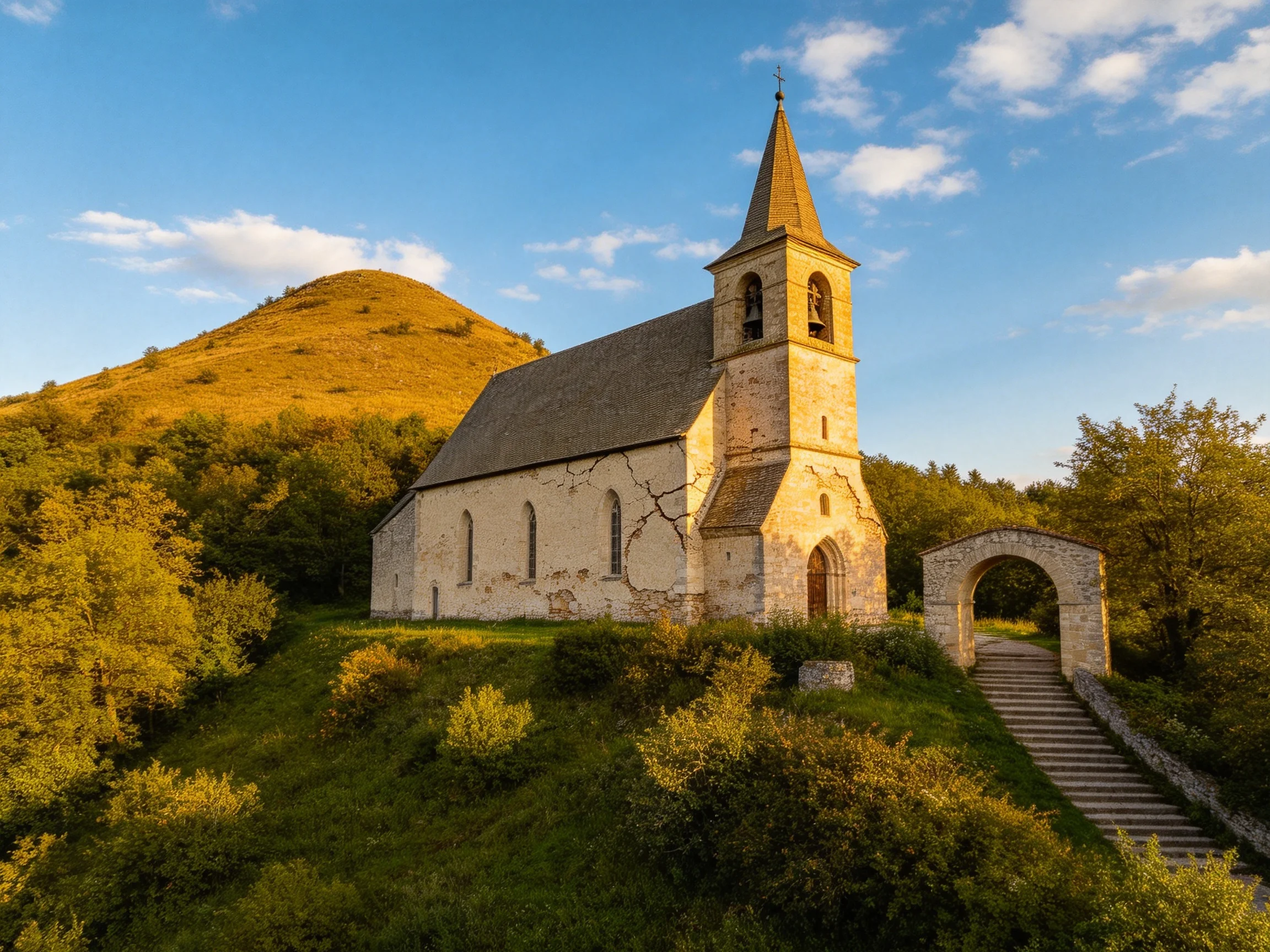 An ancient stone church sits atop a lush green hillside near a golden hill