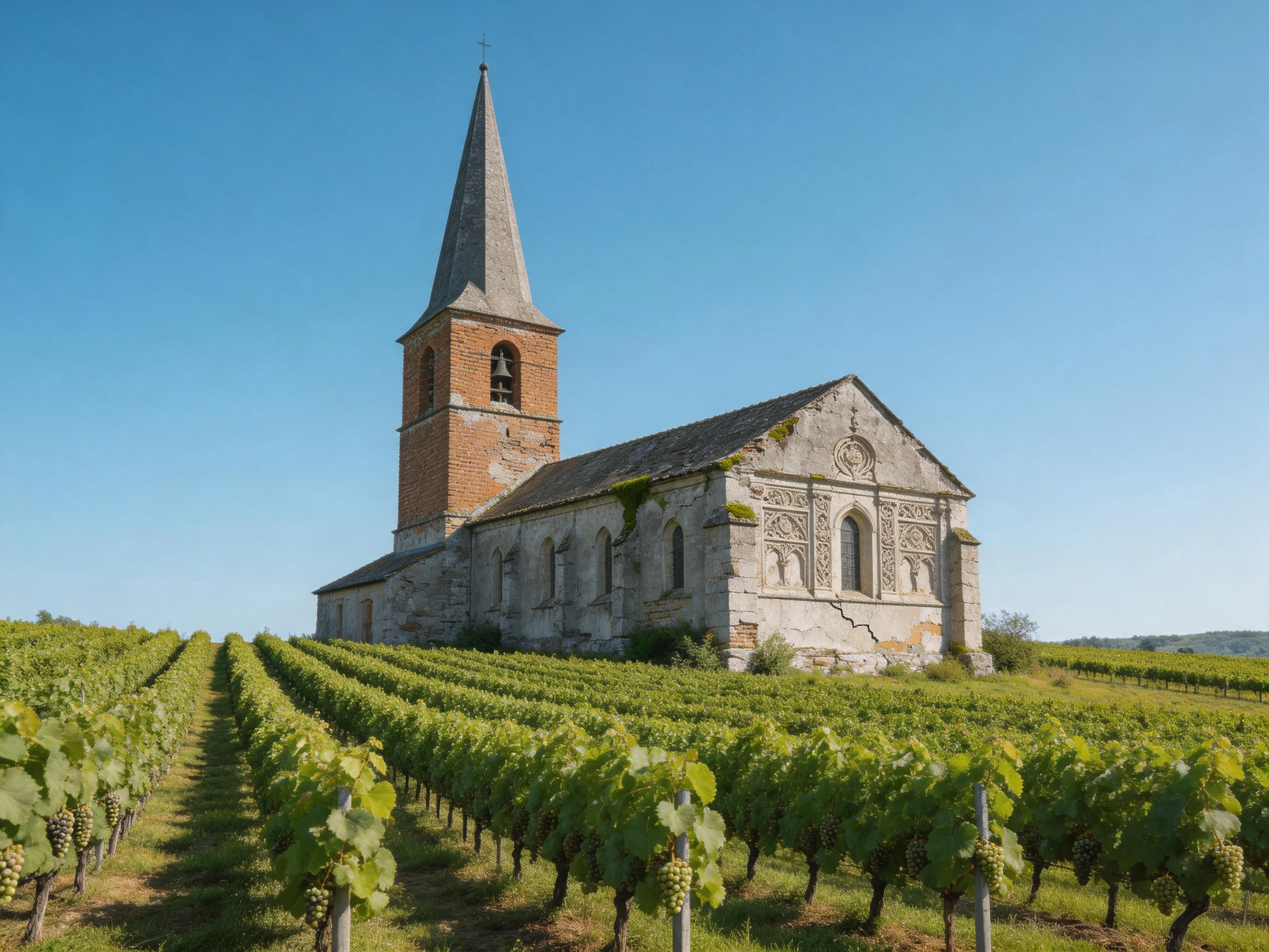 An ancient stone church stands beside neatly arranged vineyard rows under a clear blue sky