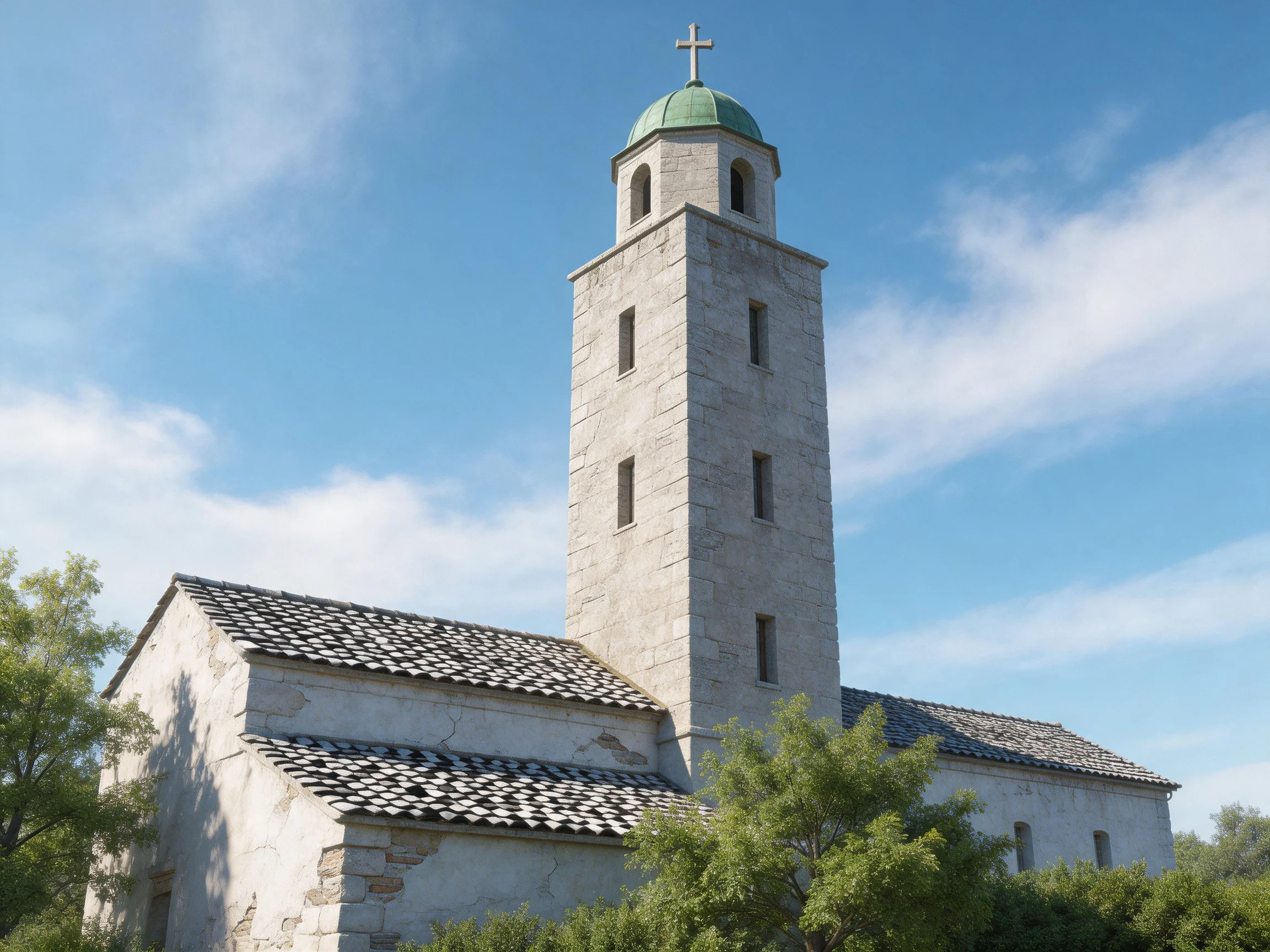 An ancient stone church tower with a green dome and cross