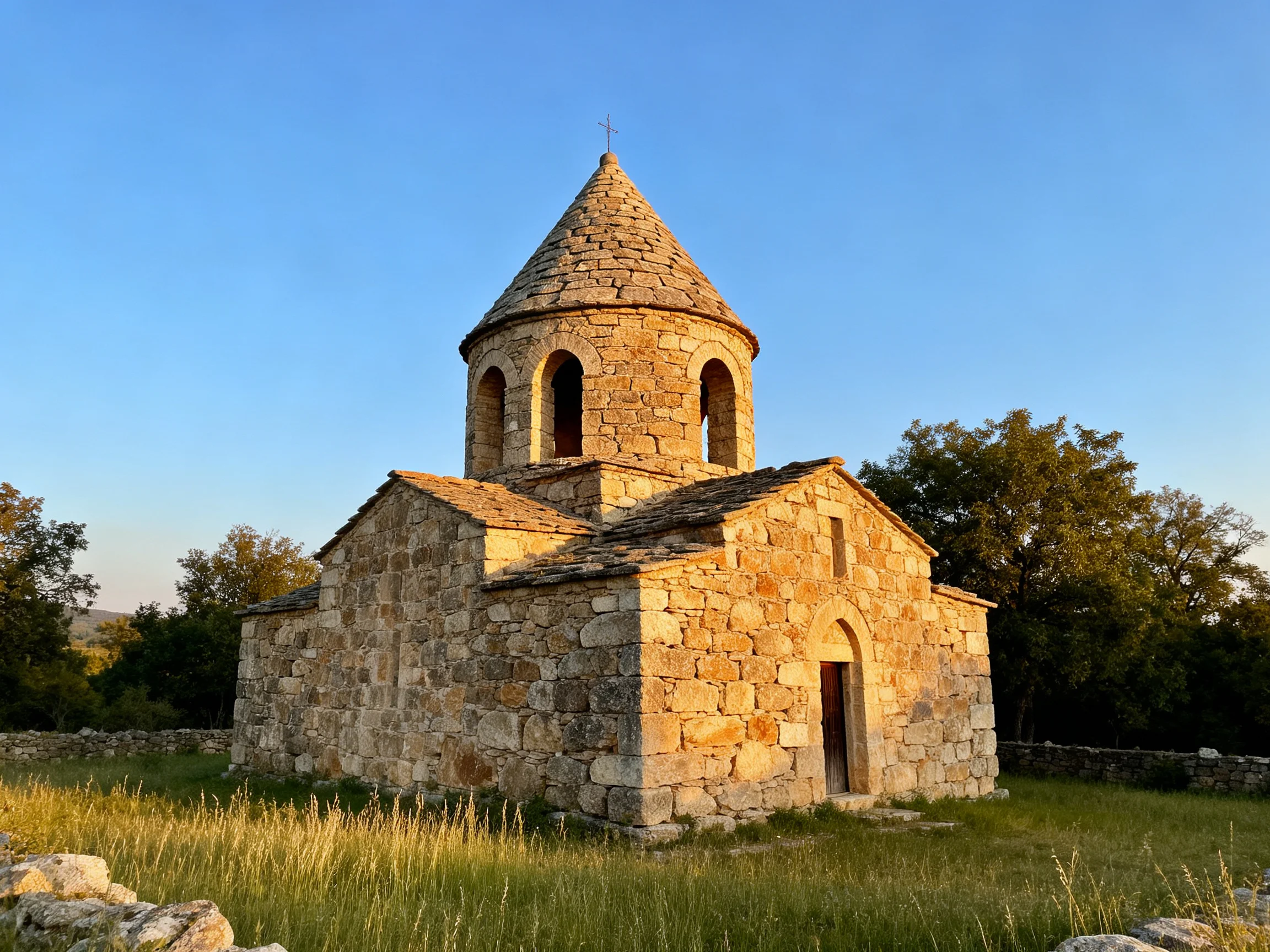 An ancient stone church with a conical tower in a grassy field