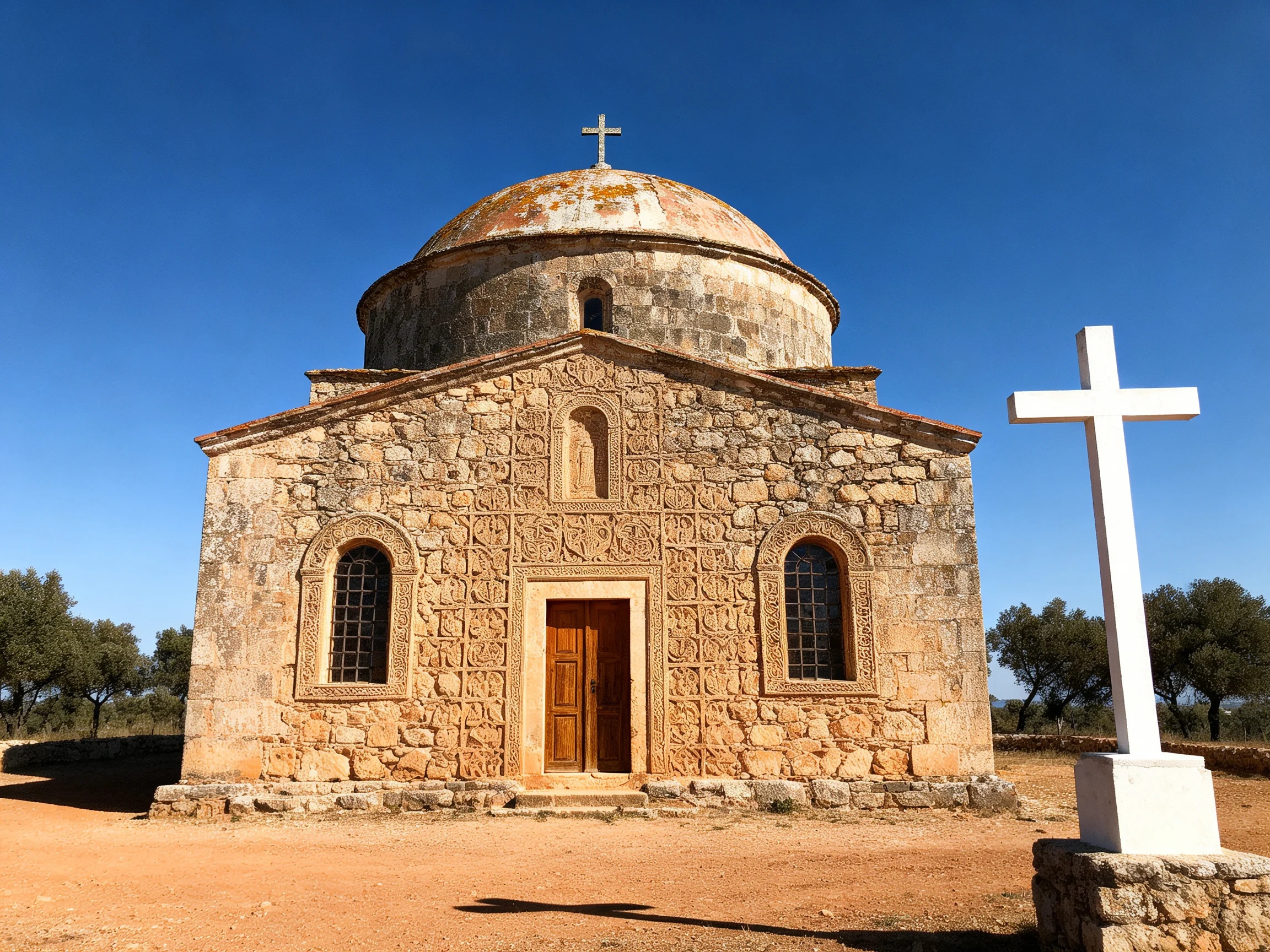 An ancient stone church with a domed roof and white cross