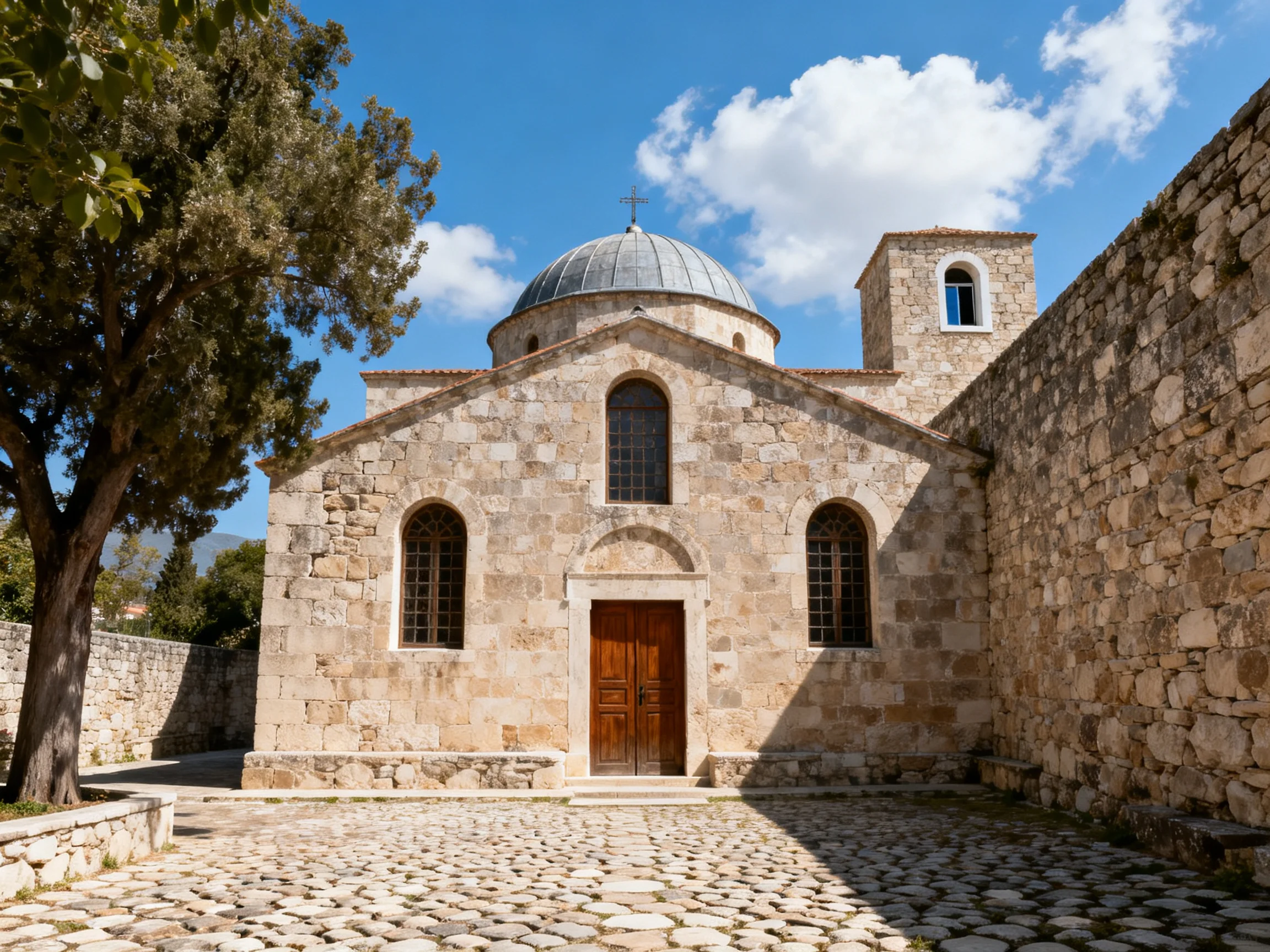 An ancient stone church with a domed roof, brown wooden door, and cobblestone courtyard
