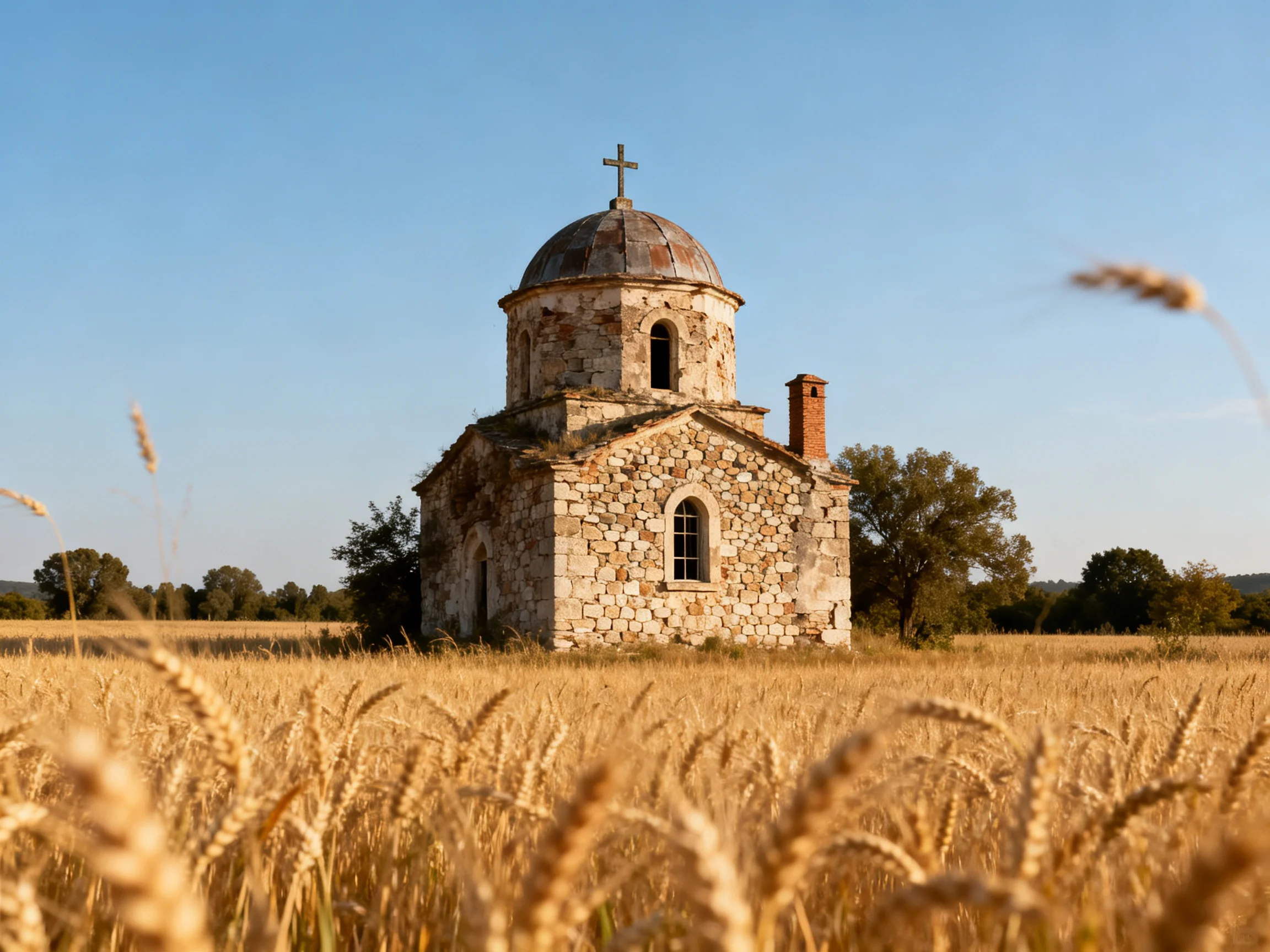 An ancient stone church with a domed tower in golden wheat fields under blue sky