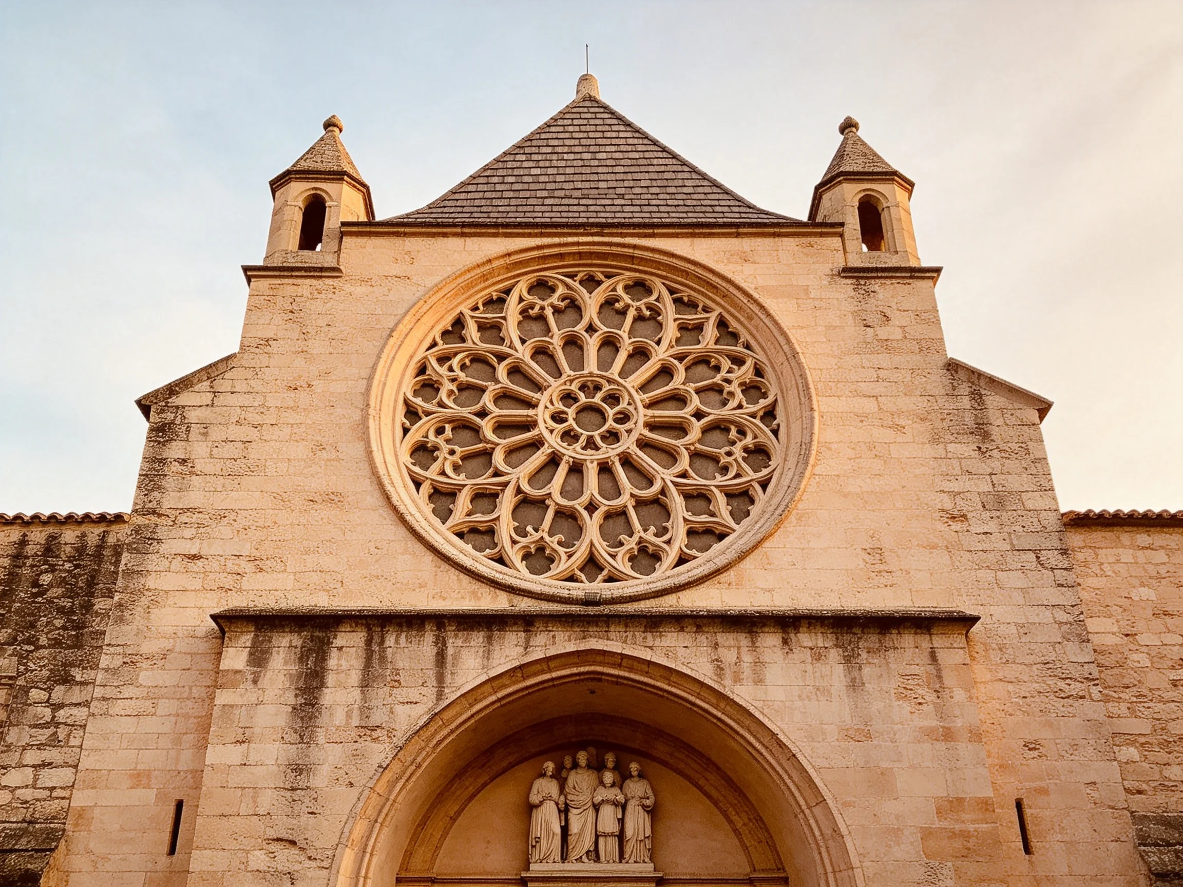 An ancient stone church with a large ornate rose window