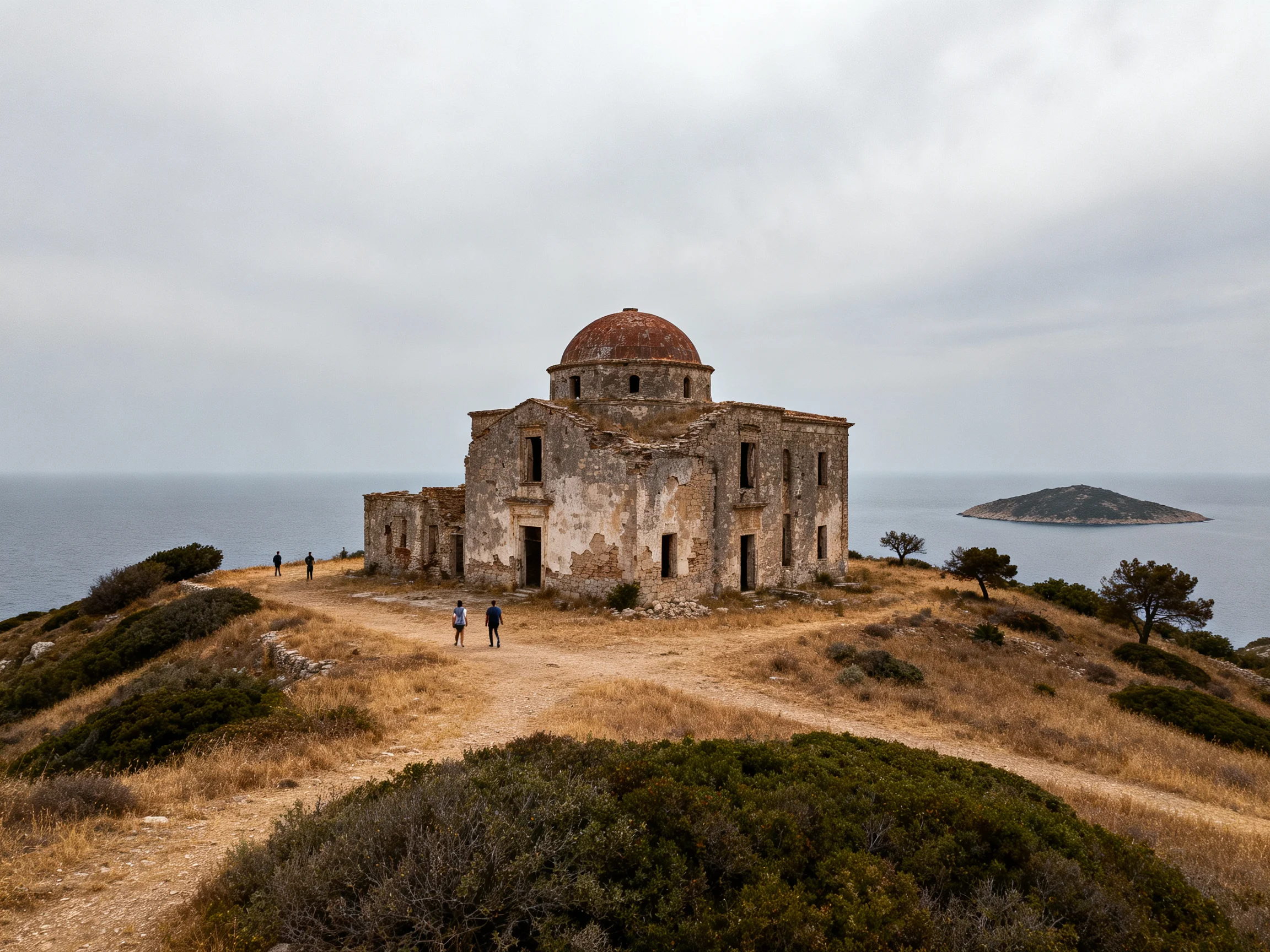 An ancient stone church with a rusted dome overlooks calm waters