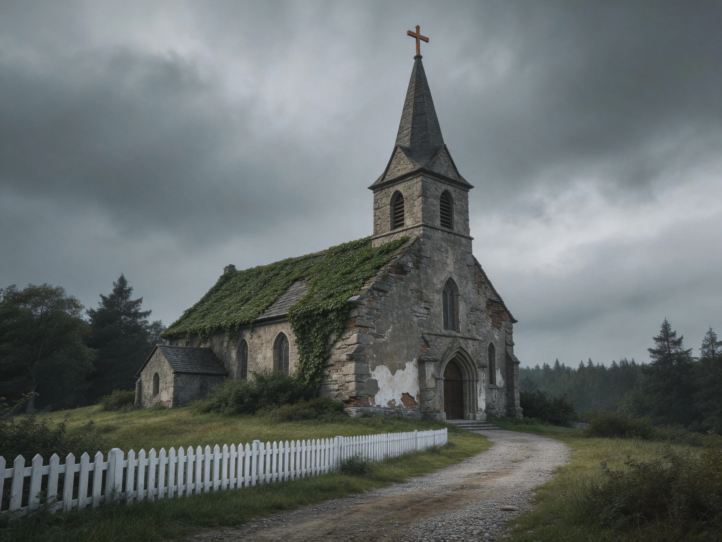 An ancient stone church with ivy-covered roof under stormy skies