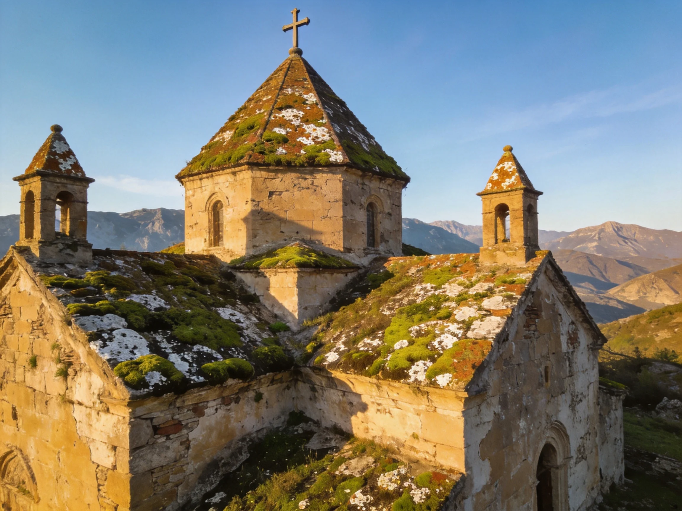 An ancient stone church with moss-covered roofs near mountainous terrain