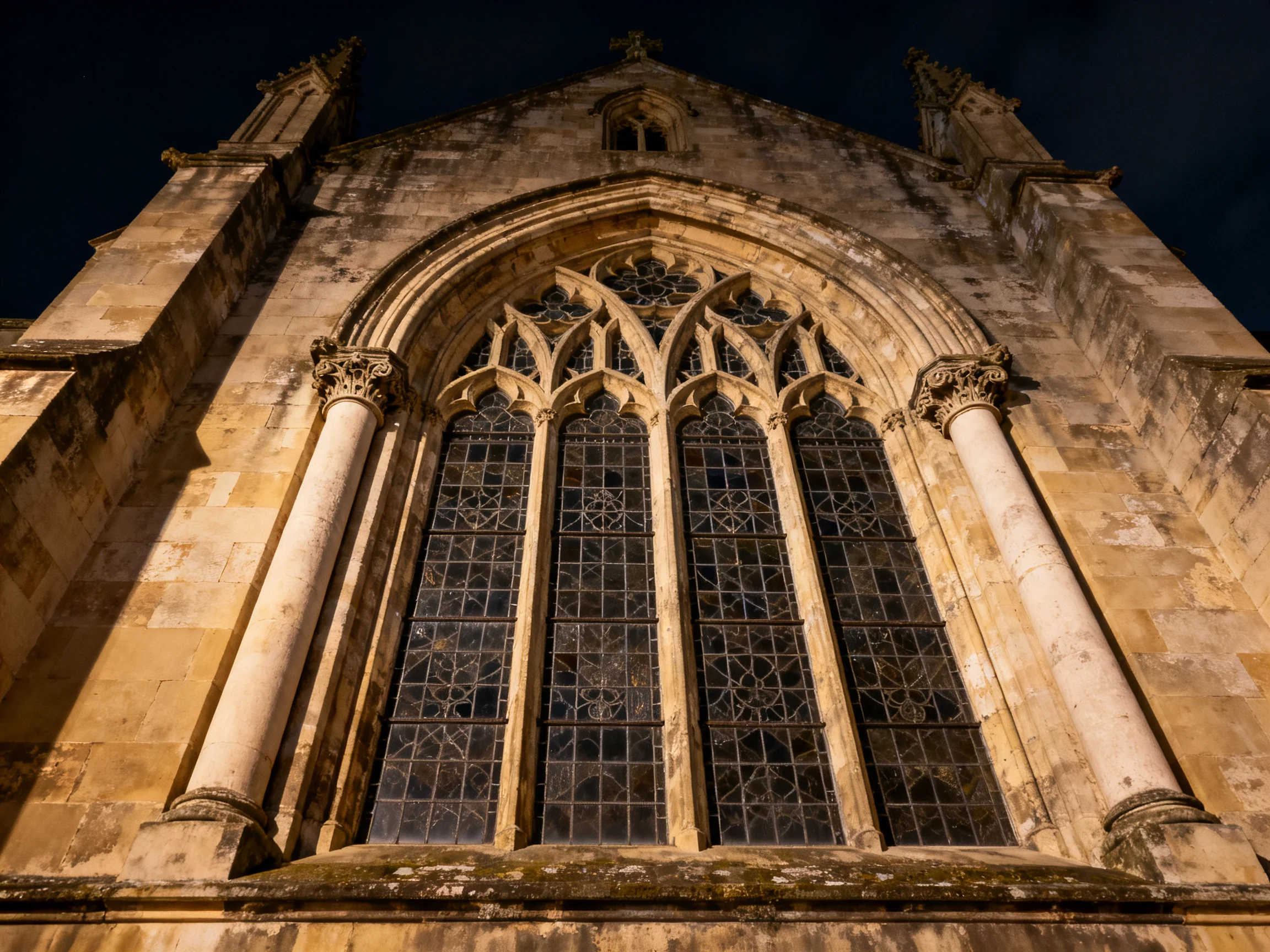 An ancient stone church with ornate Gothic stained glass windows