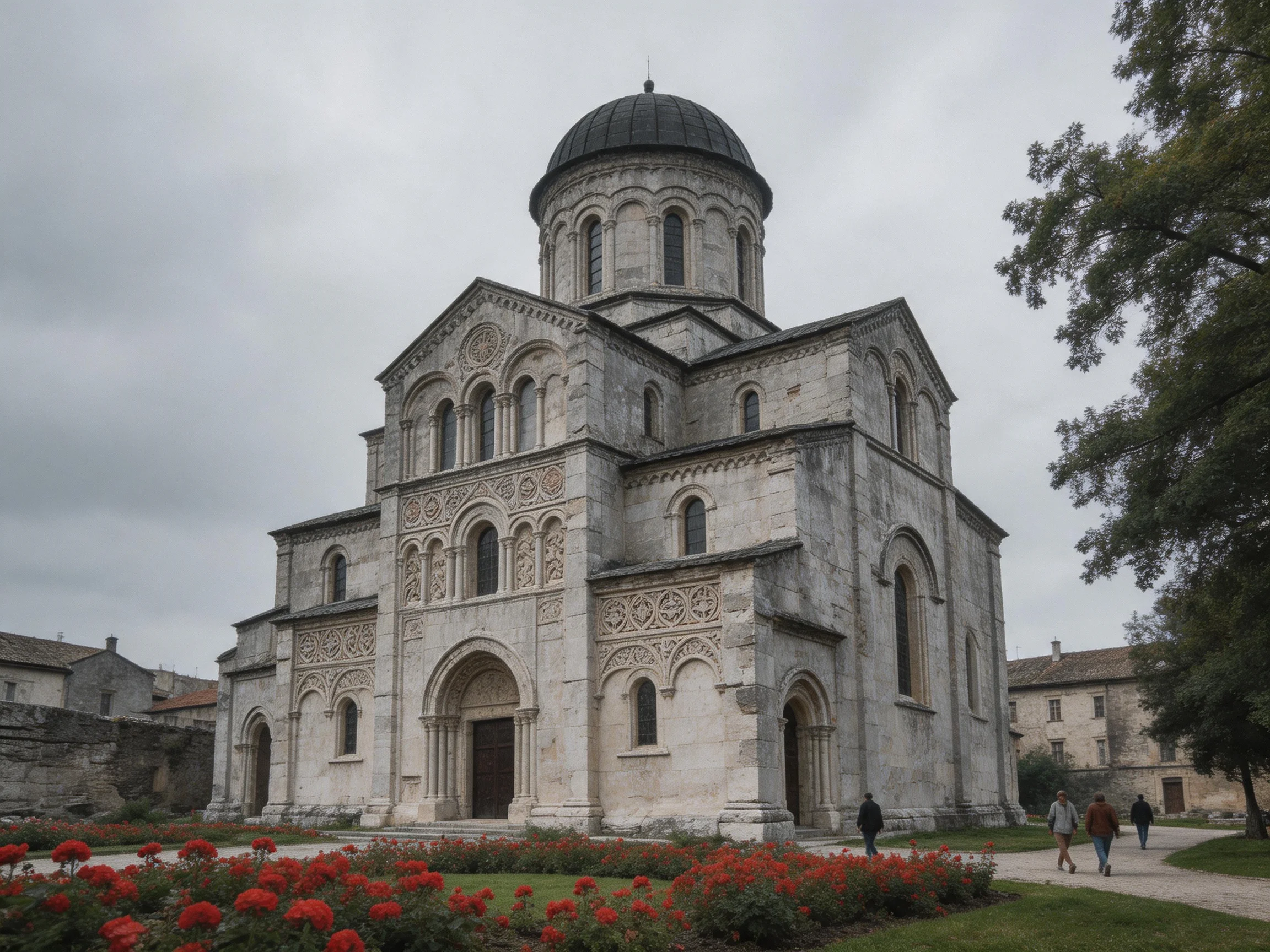 An ancient stone church with ornate carvings and red flower beds