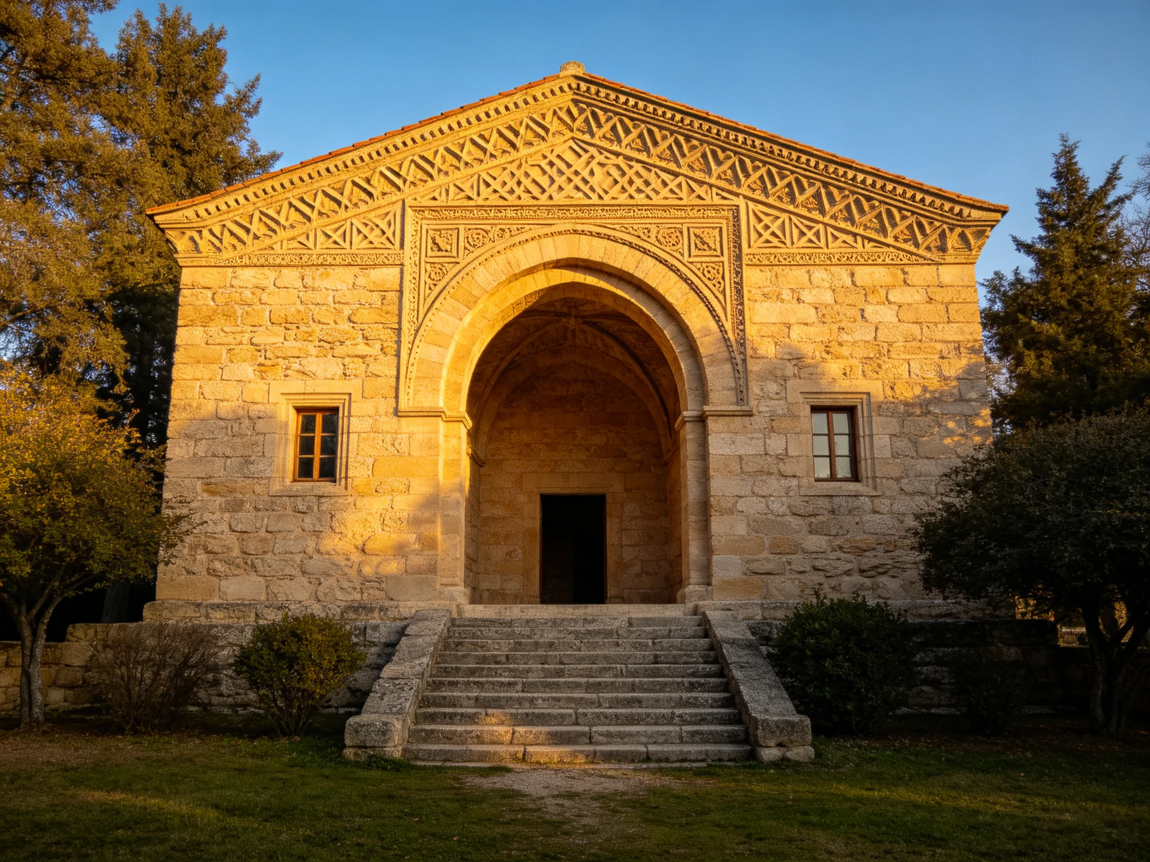An ancient stone church with ornate carvings bathed in golden light