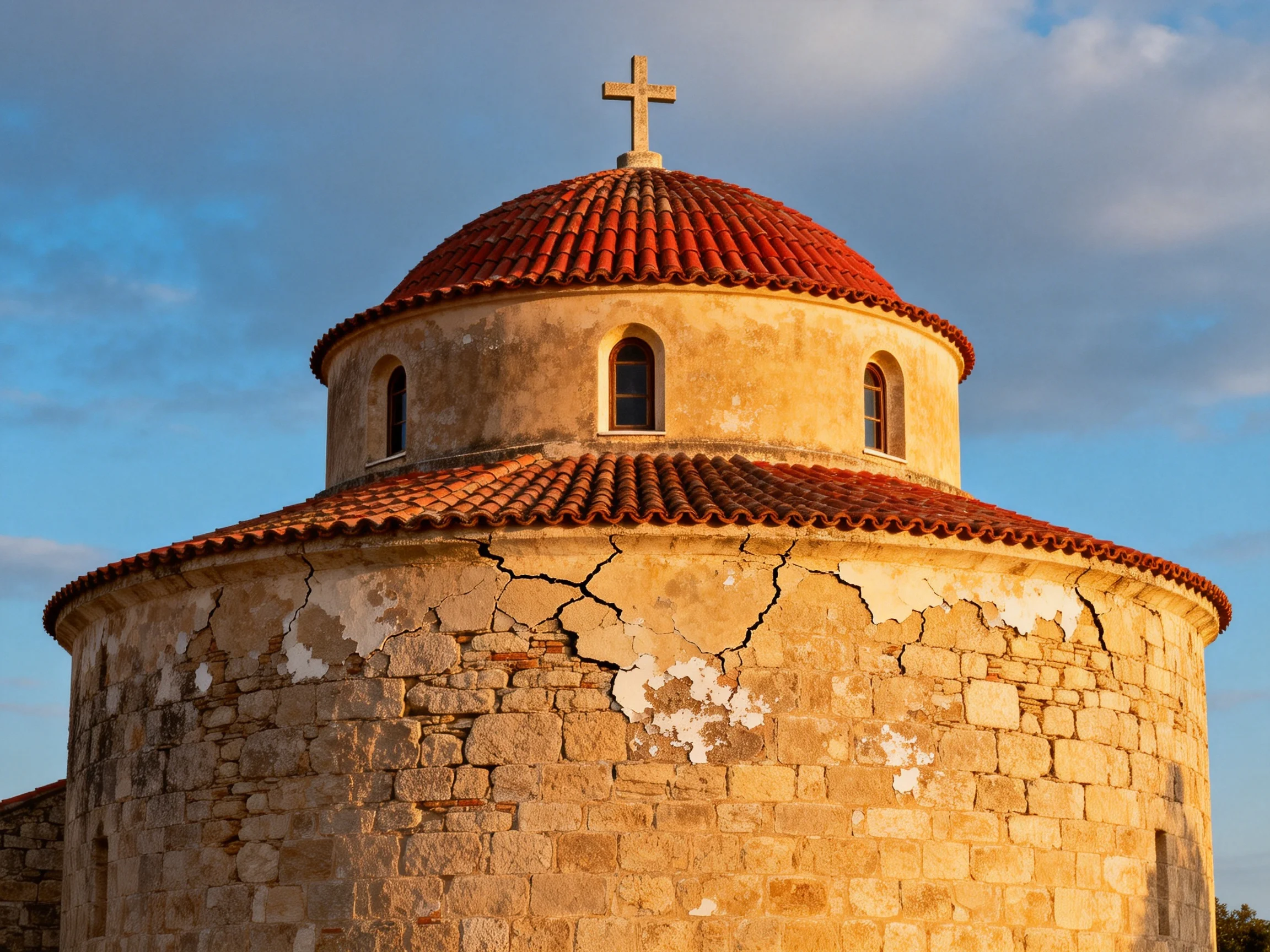 An ancient stone church with red-tiled domed roofs and weathered walls