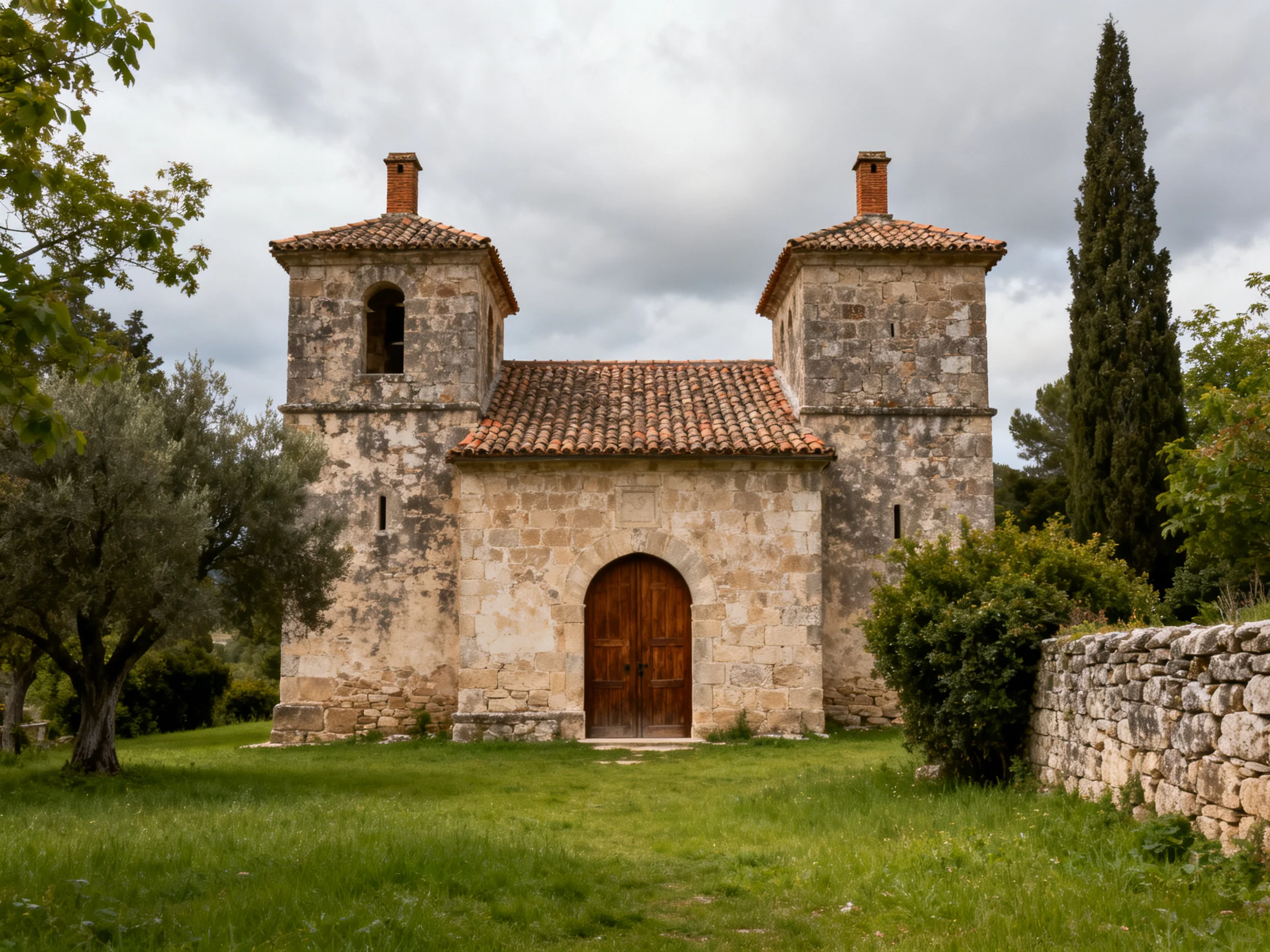 An ancient stone church with twin towers and a wooden door