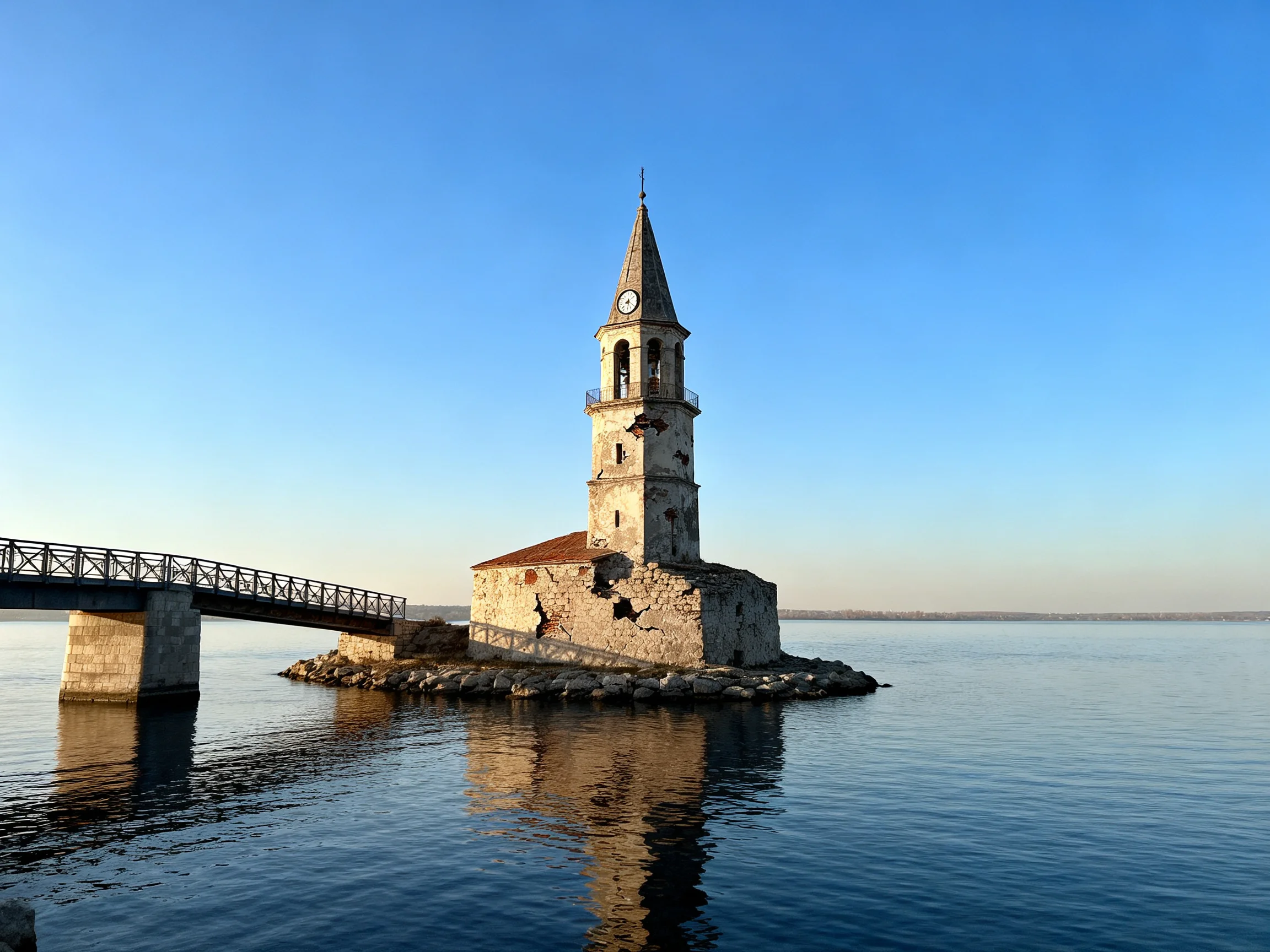 An ancient stone clock tower on a small island connected by a bridge over calm water