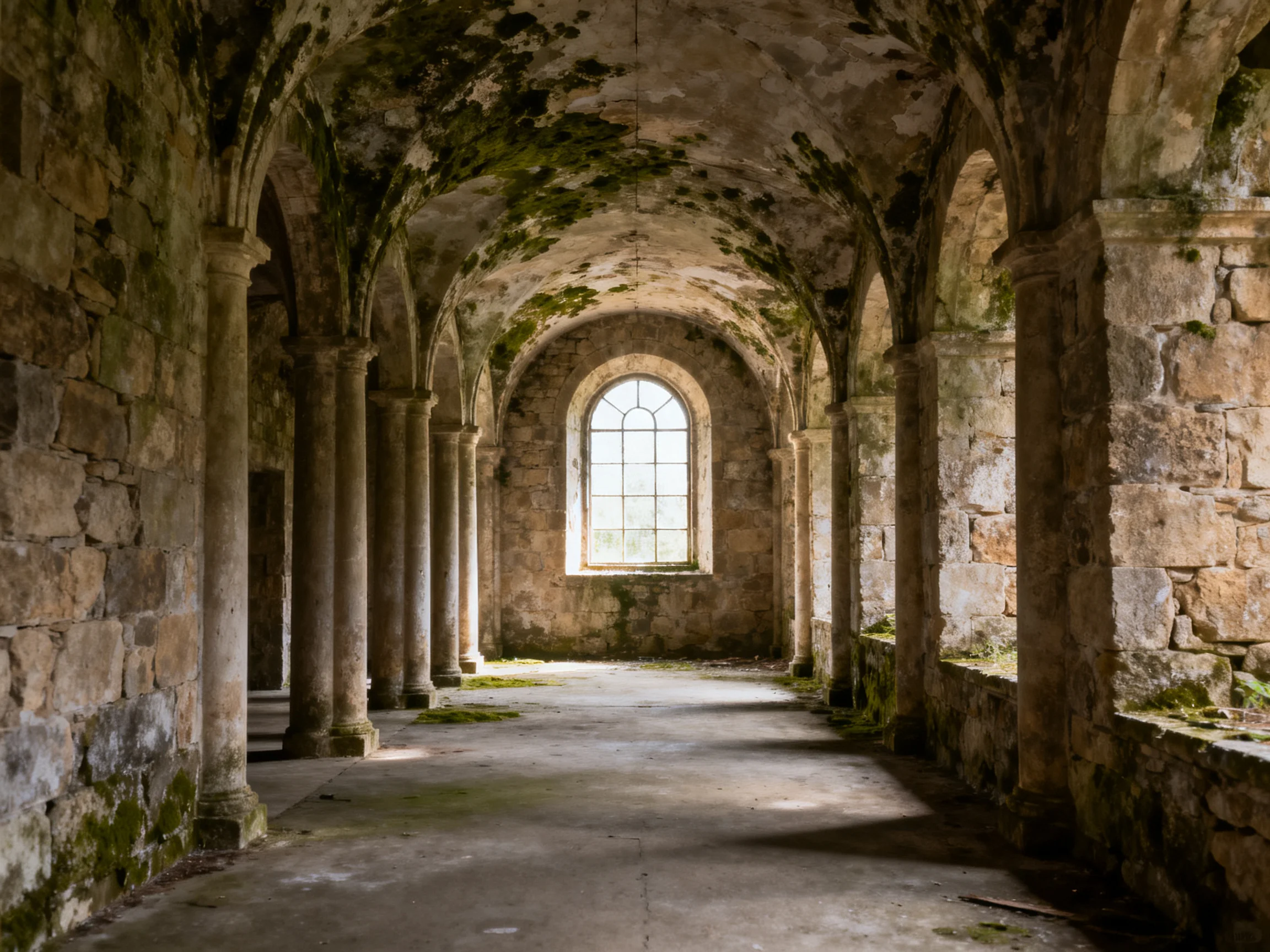 An ancient stone corridor with arched ceilings and moss-covered walls