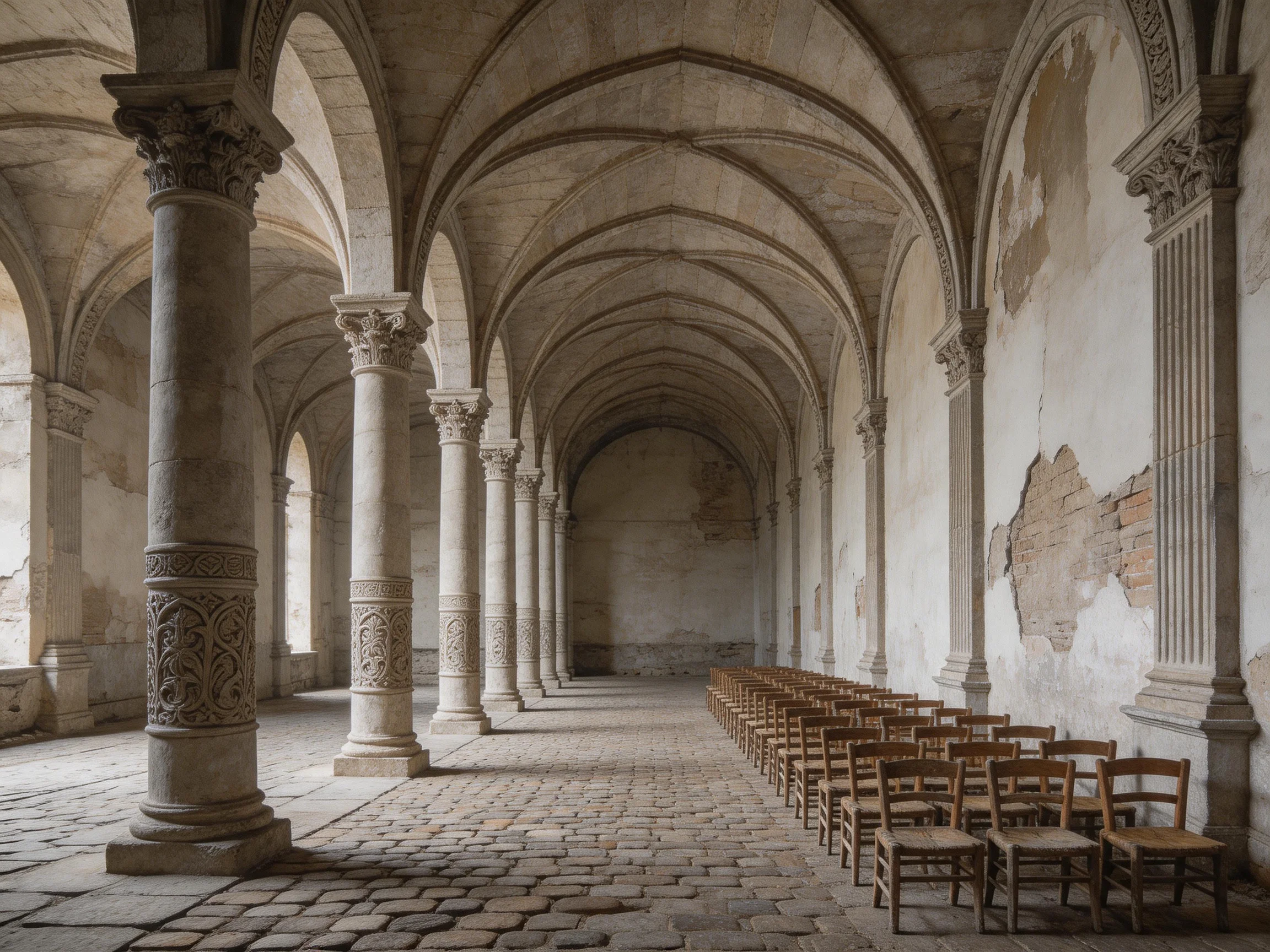 An ancient stone corridor with arched ceilings and wooden chairs