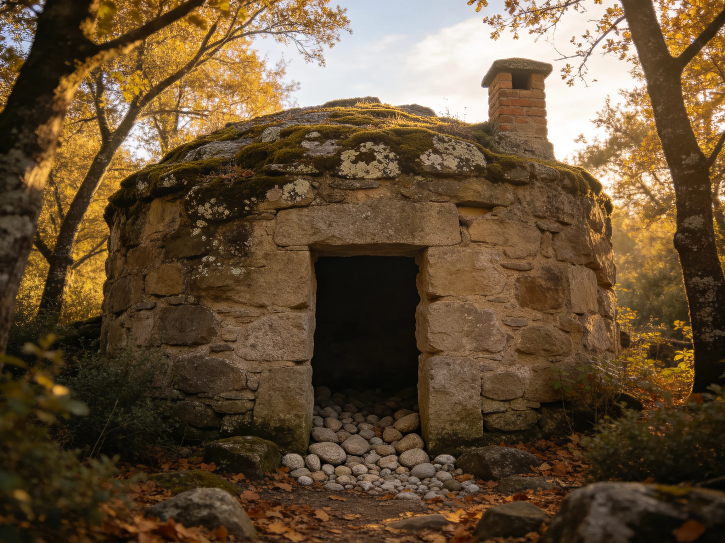 An ancient stone hut with mossy dome in autumn woodland