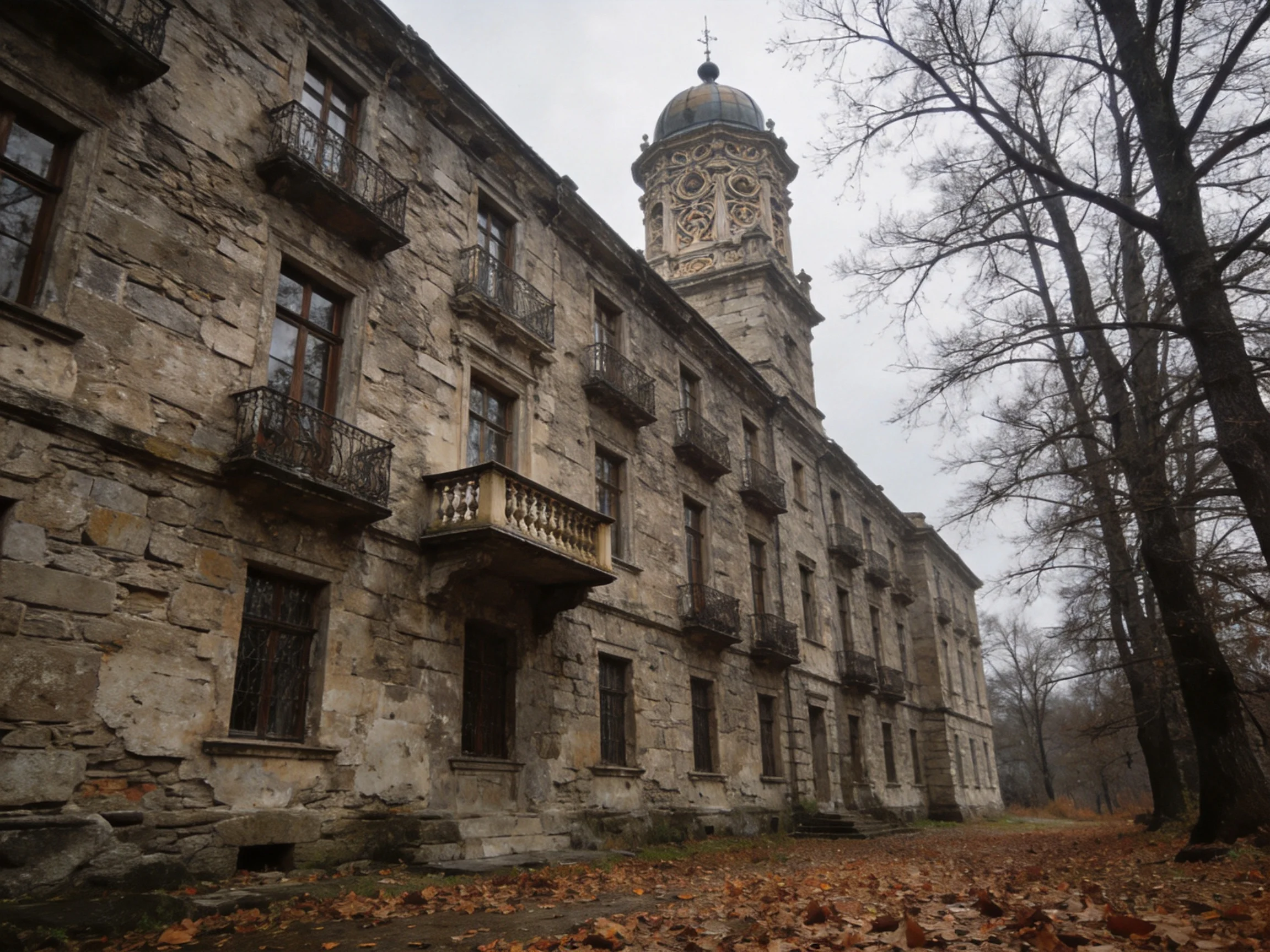 An ancient stone mansion with a clock tower amid fallen autumn leaves