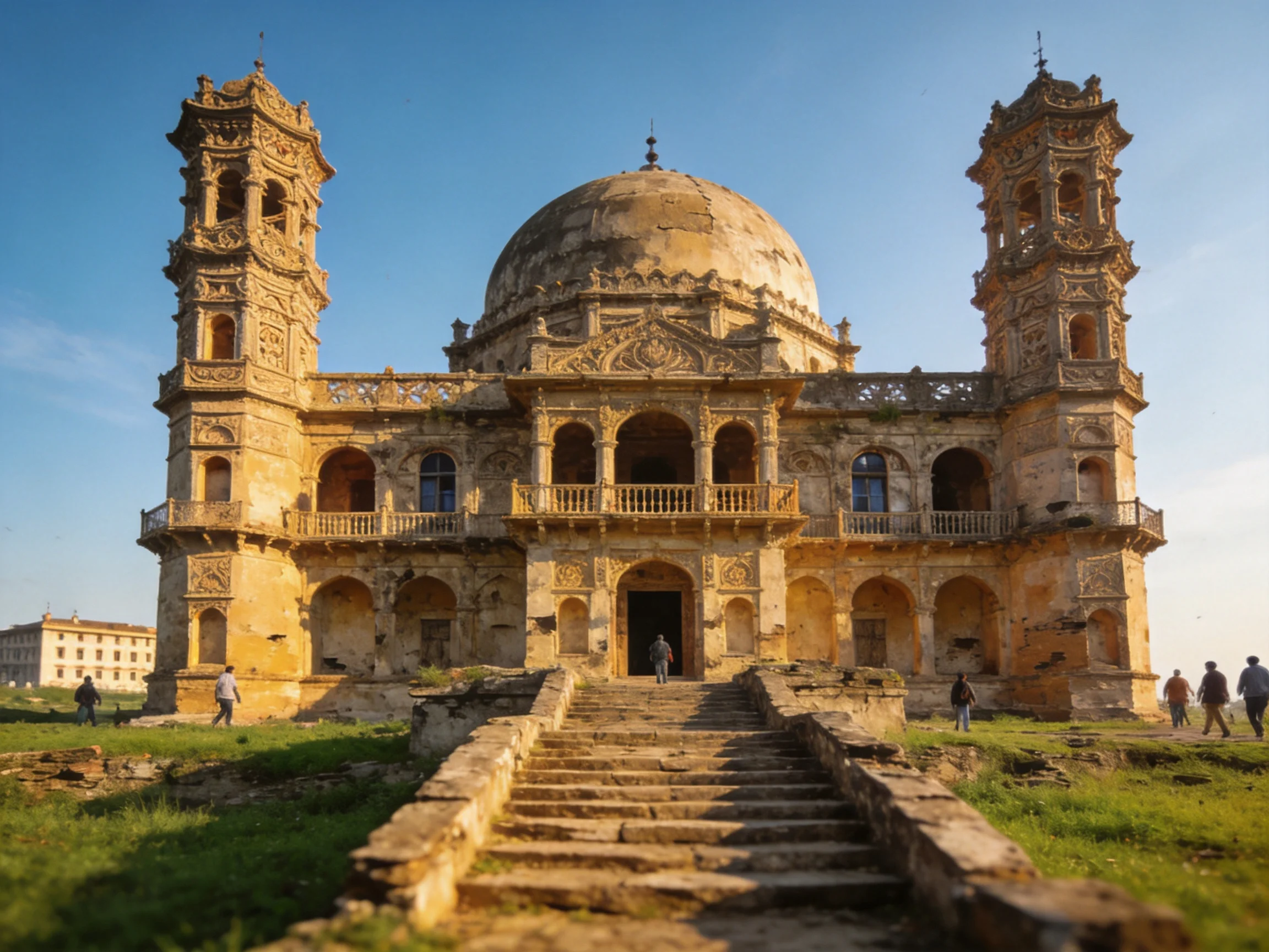 An ancient stone monument with domed center and twin towers