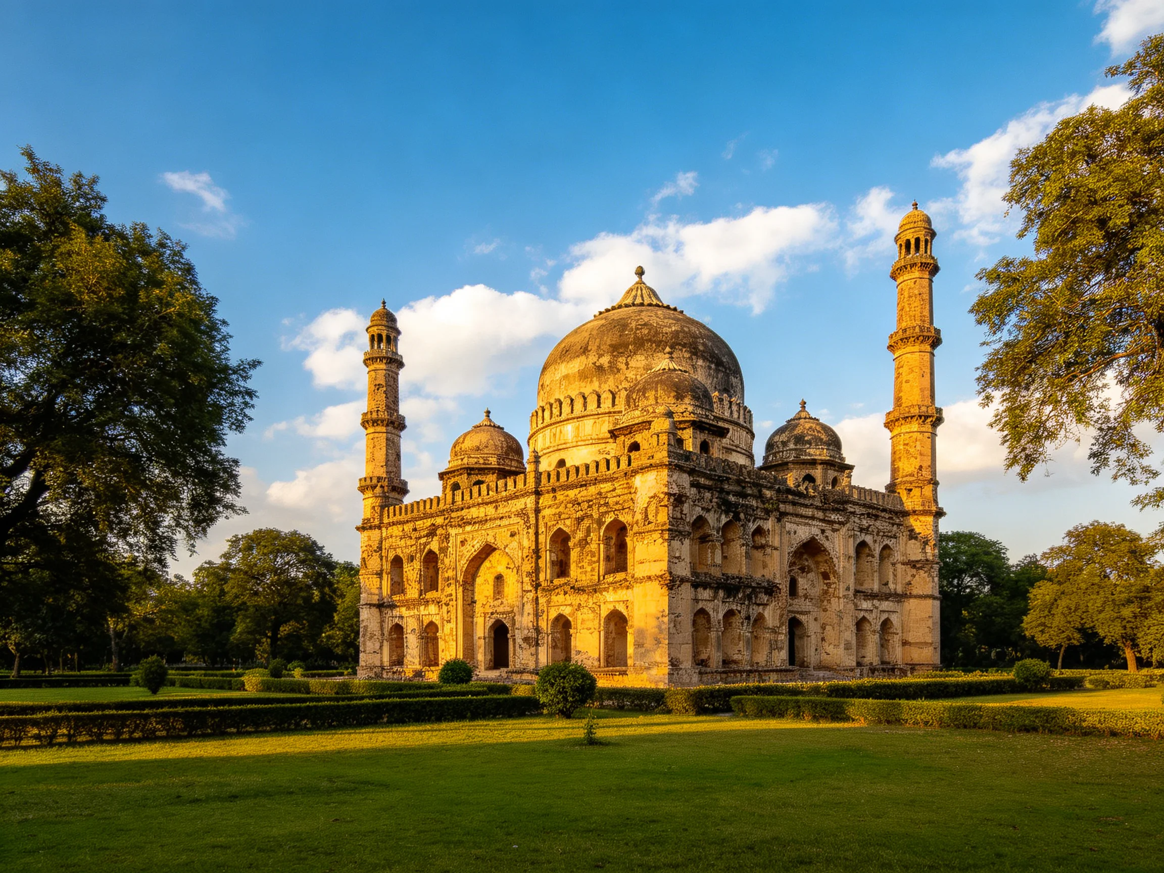 An ancient stone mosque with golden domes and minarets