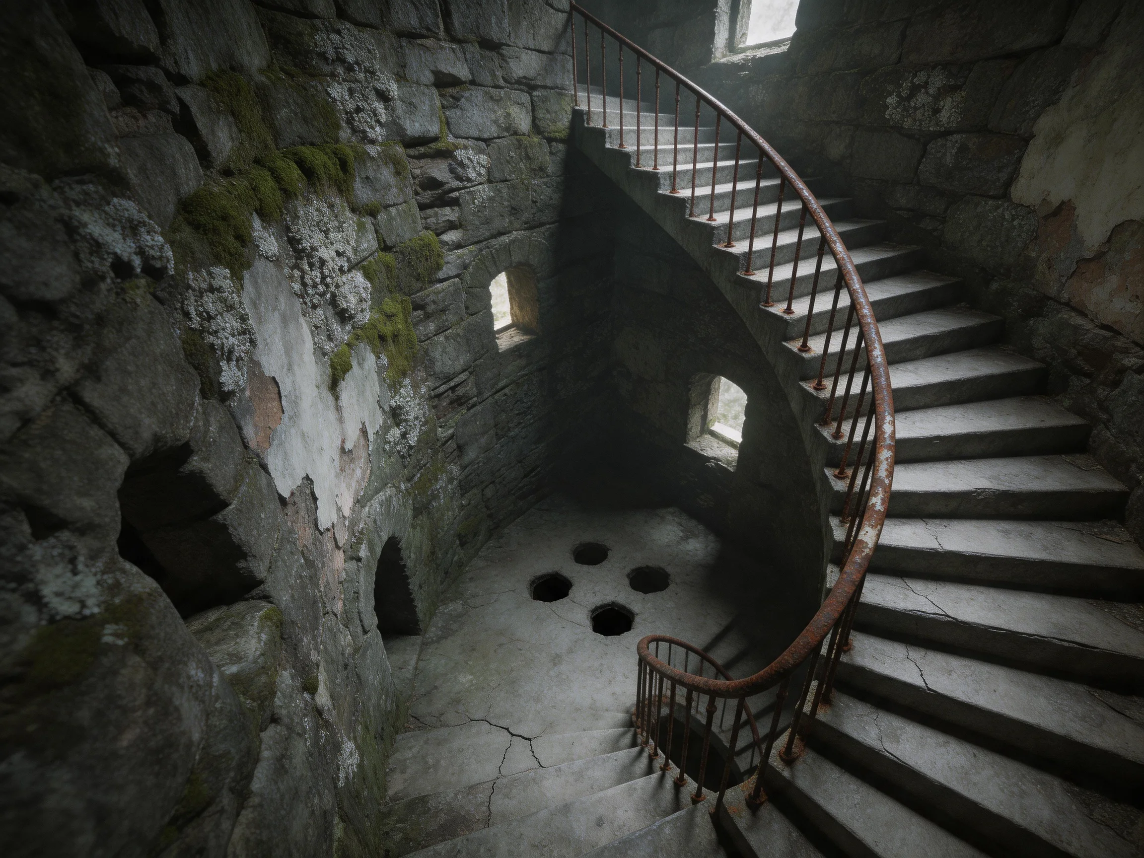 An ancient stone spiral staircase with moss-covered walls and circular openings