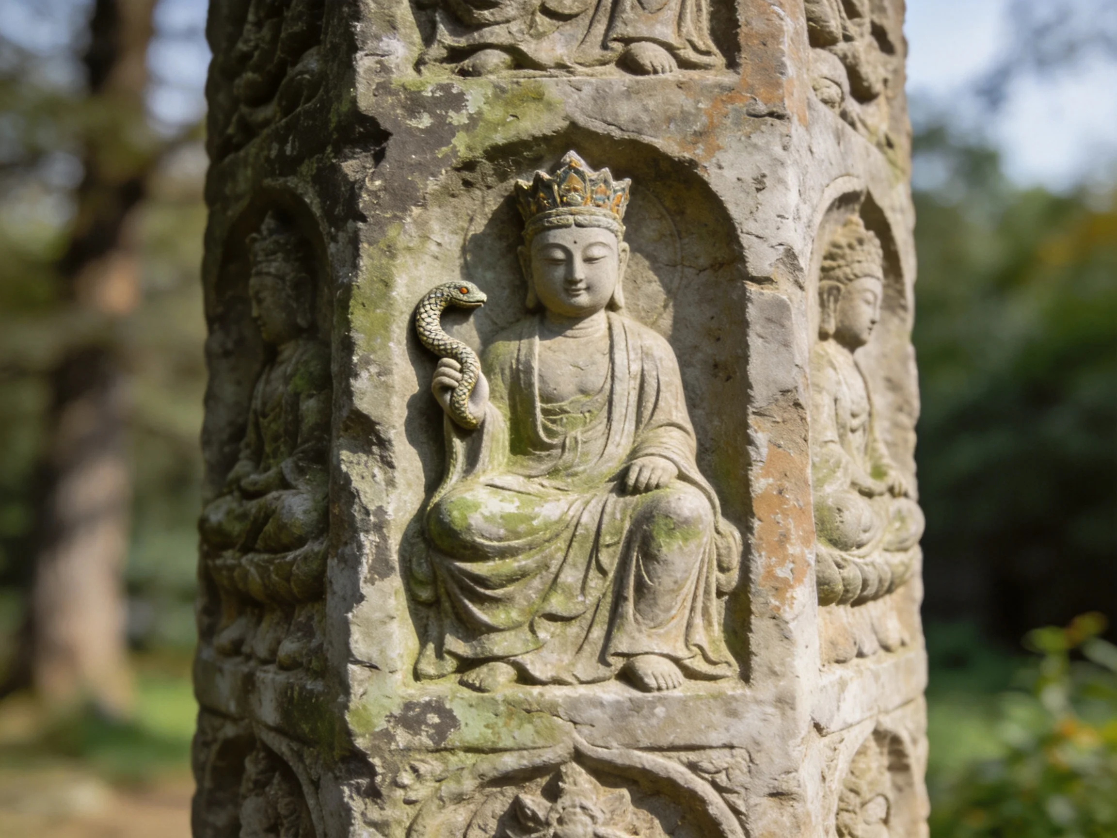 An ancient stone stele with carved deities and mossy details