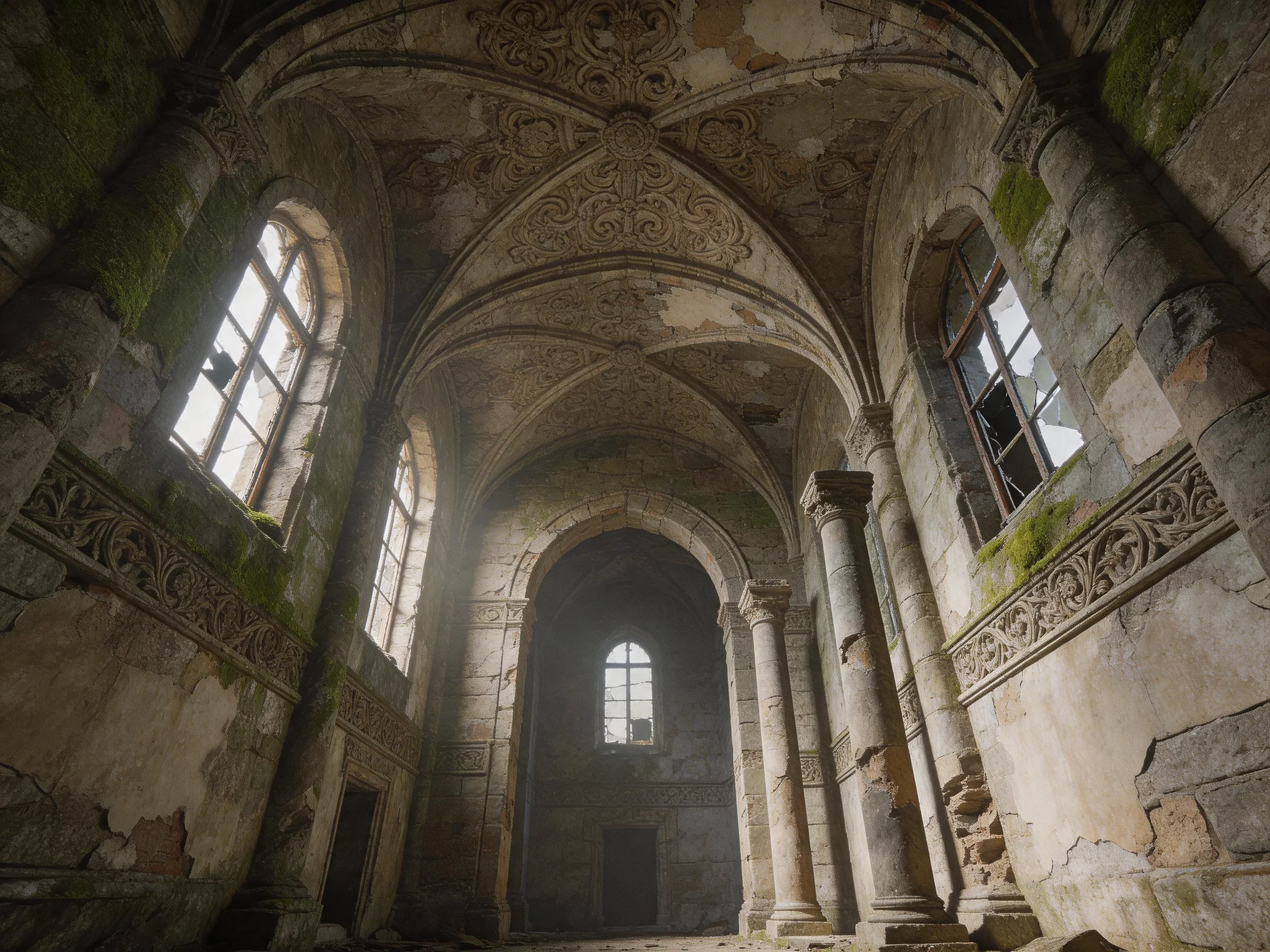 An ancient stone structure with arched ceilings and moss-covered walls