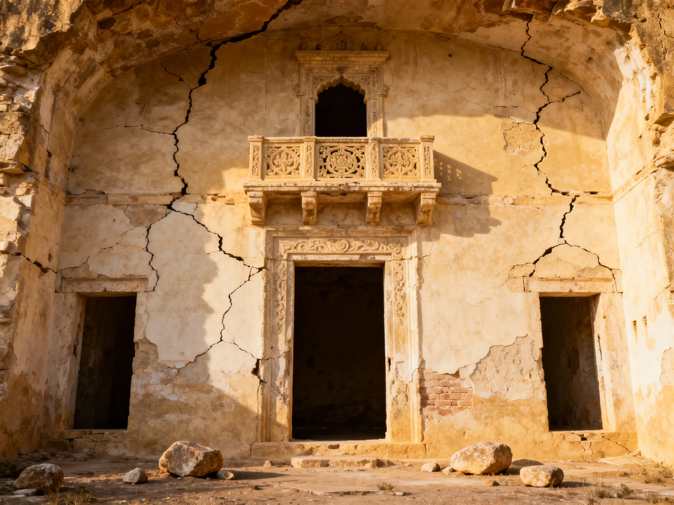 An ancient stone structure with cracked walls and ornate balcony