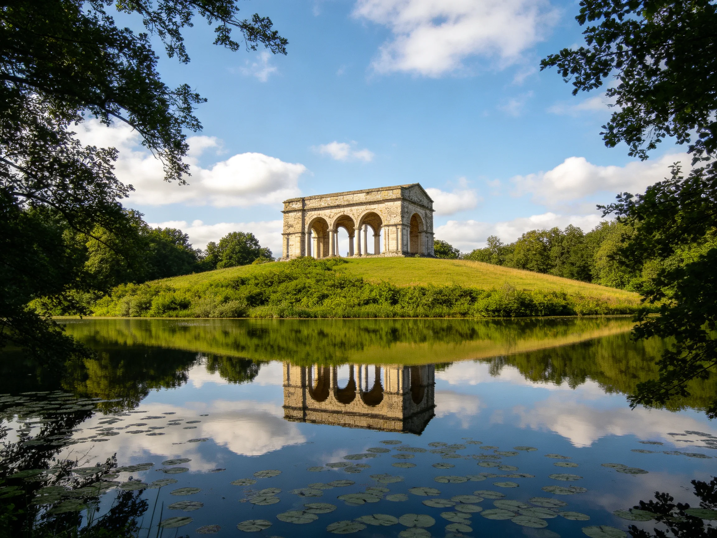 An ancient stone temple atop a grassy mound with reflective waters