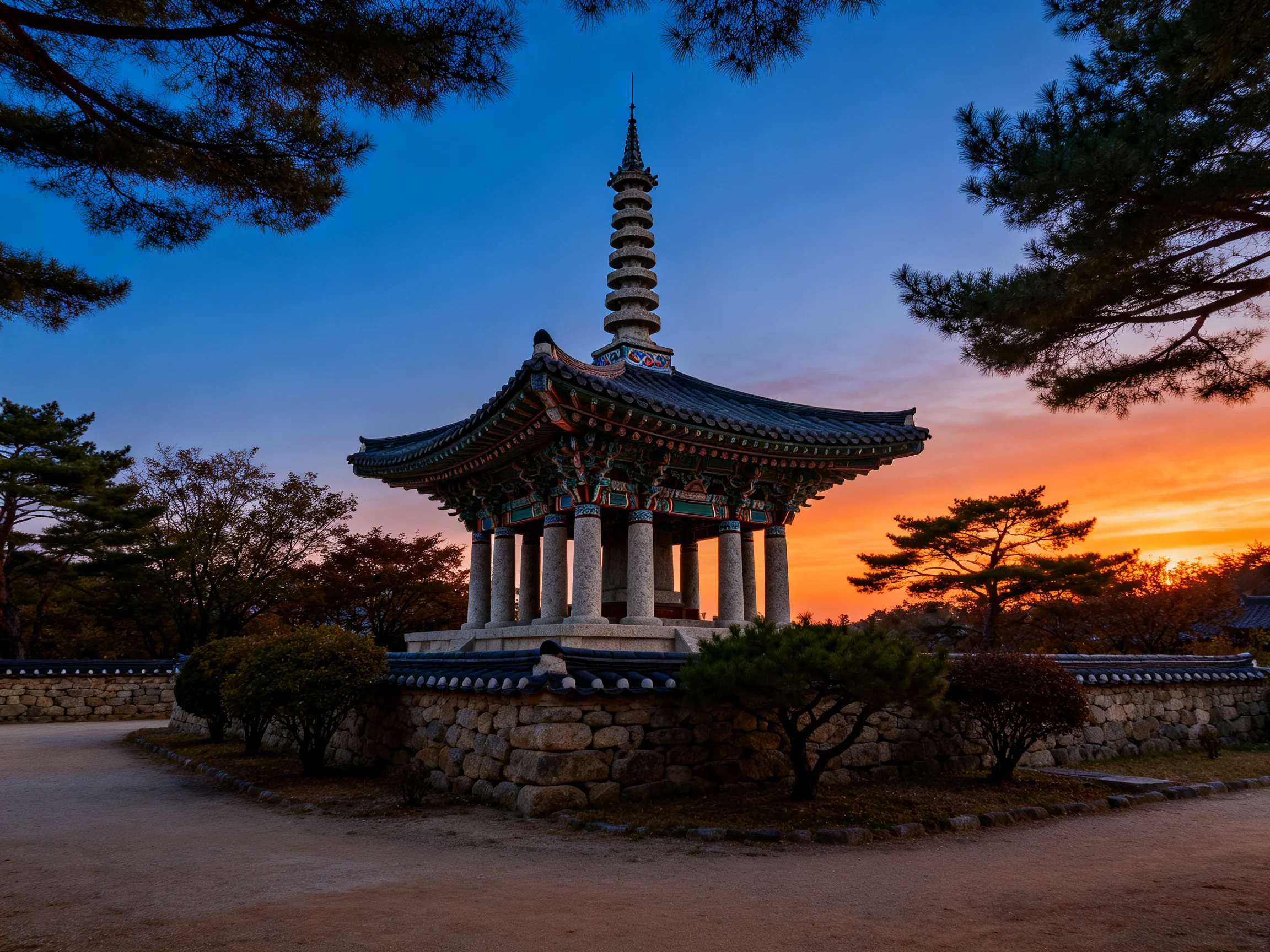 An ancient stone temple tower surrounded by trees during vibrant sunset