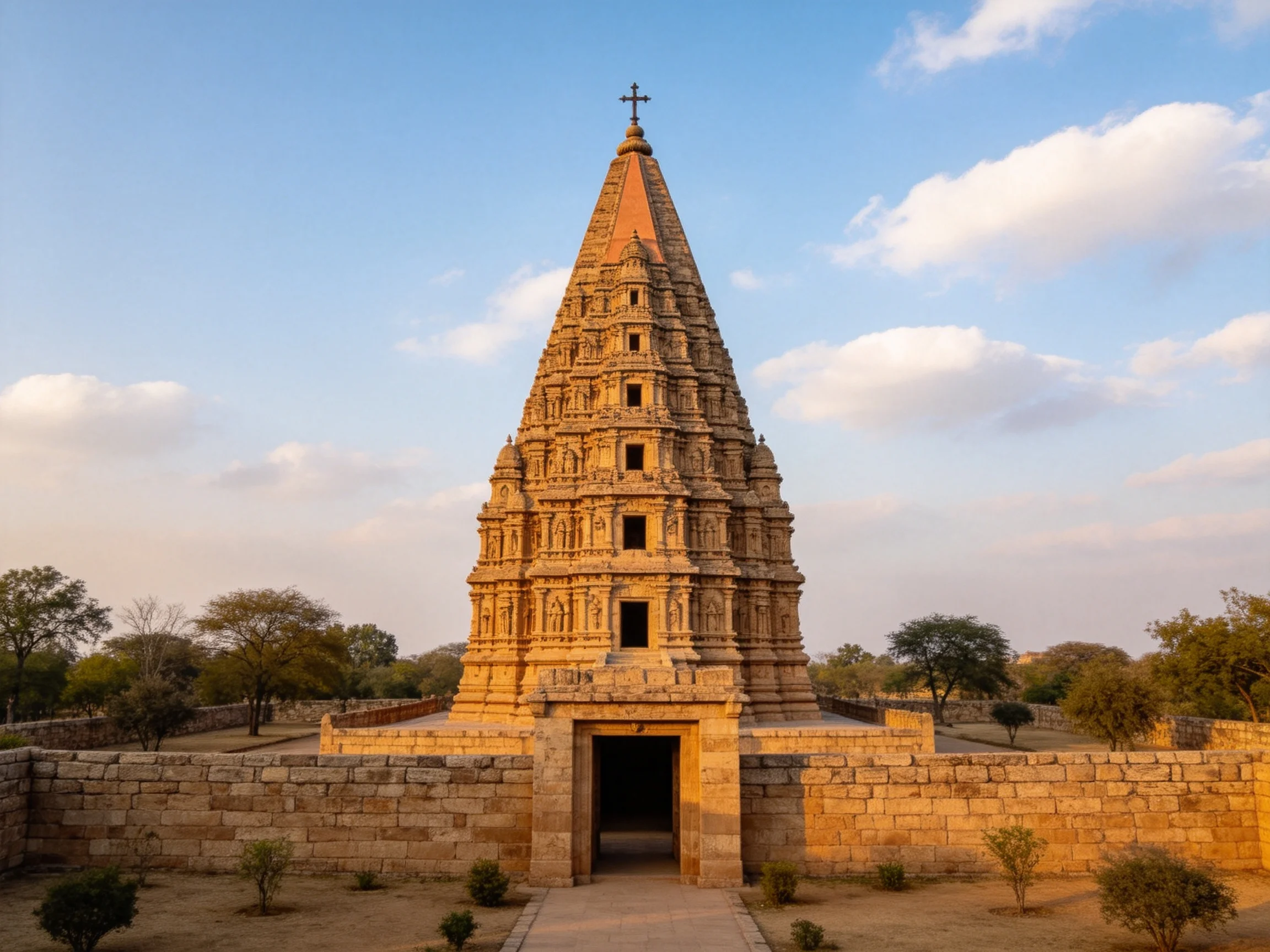 An ancient stone temple tower with intricate carvings under a clear sky